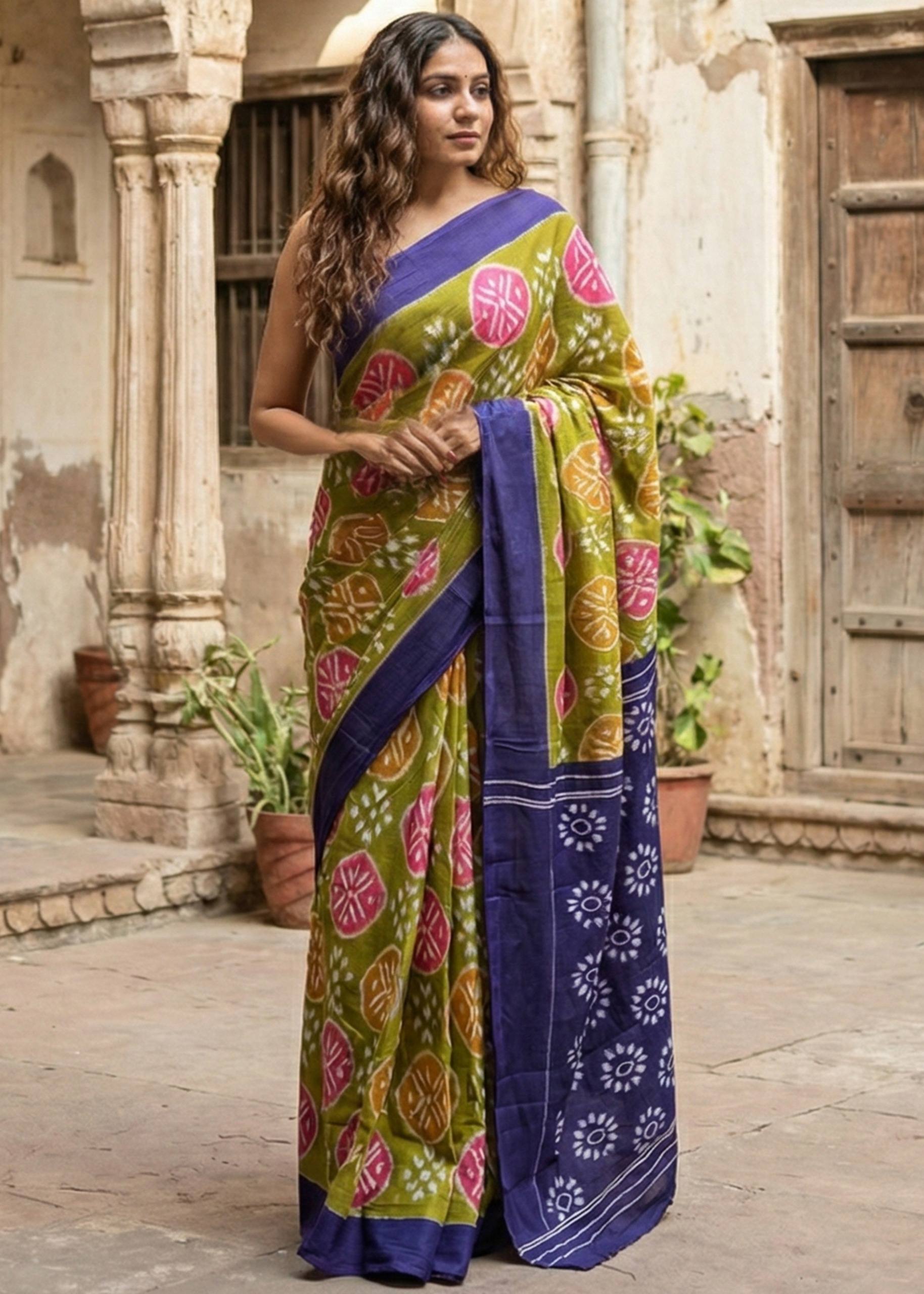 PURE SOFT COTTON HAND BAGRU PRINT BLUE AND GREEN SAREE WITH BLOUSE