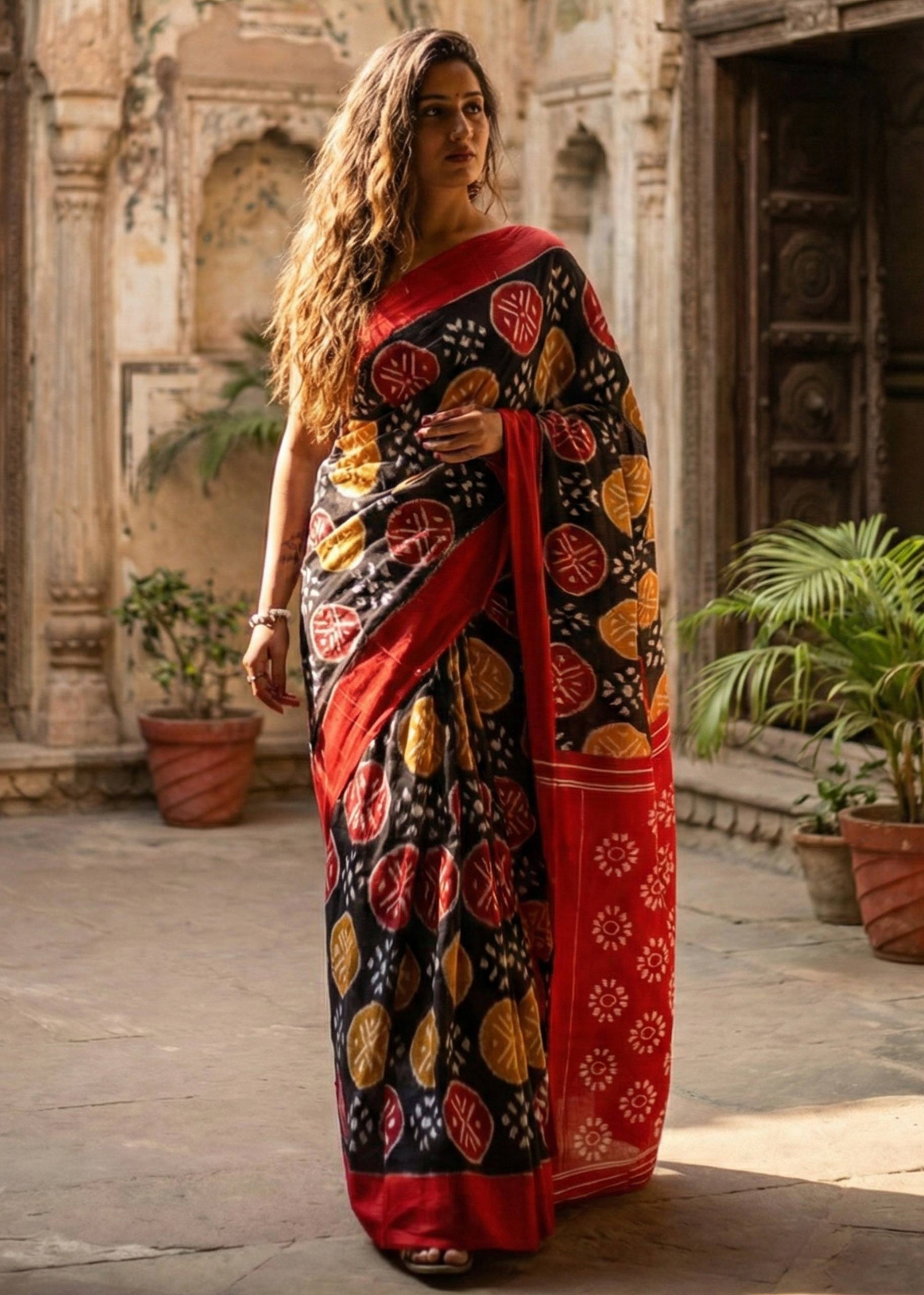 PURE SOFT COTTON HAND BAGRU PRINT BLACK AND RED SAREE WITH BLOUSE