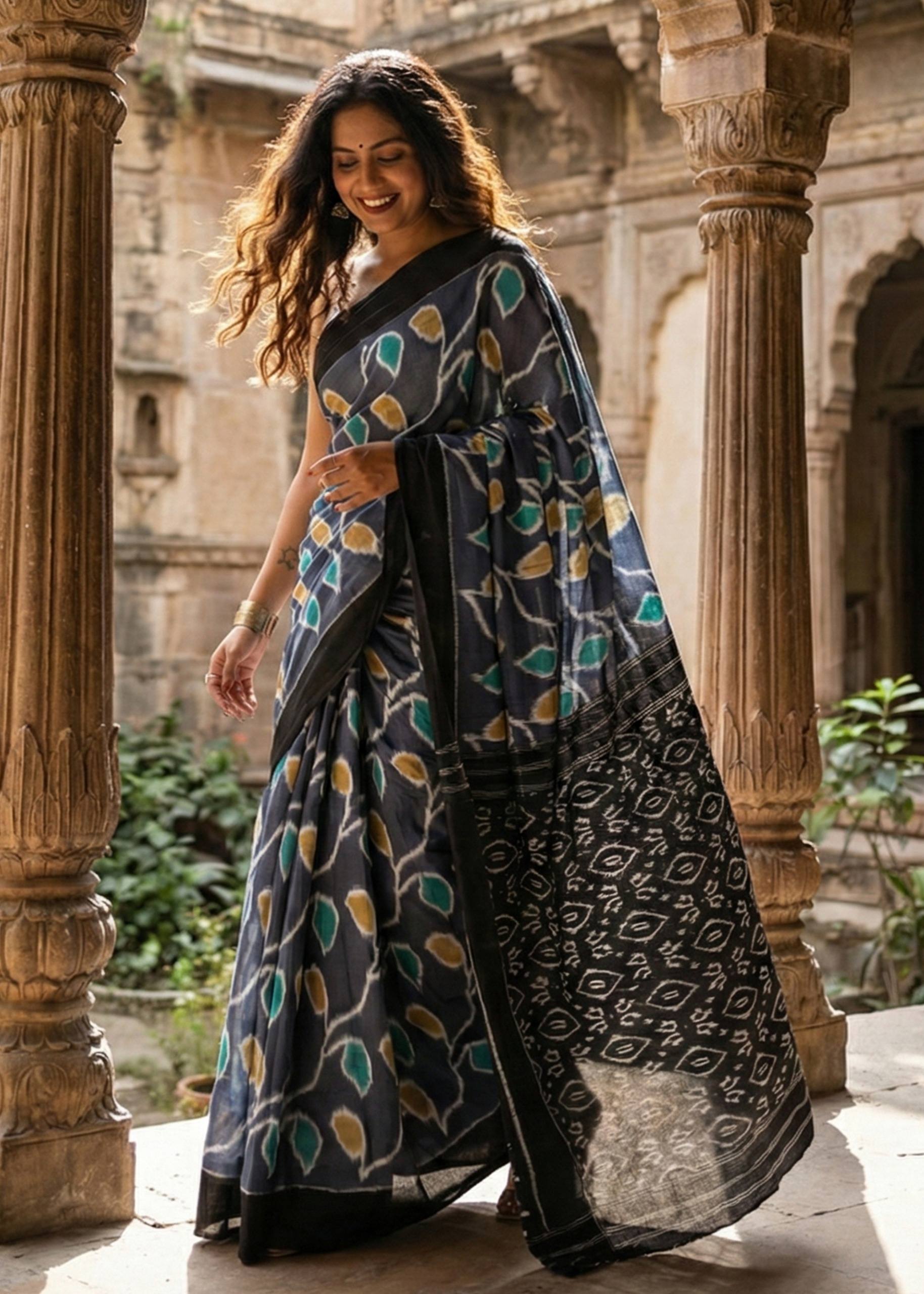 PURE SOFT COTTON HAND BAGRU PRINT GREY SAREE WITH BLOUSE