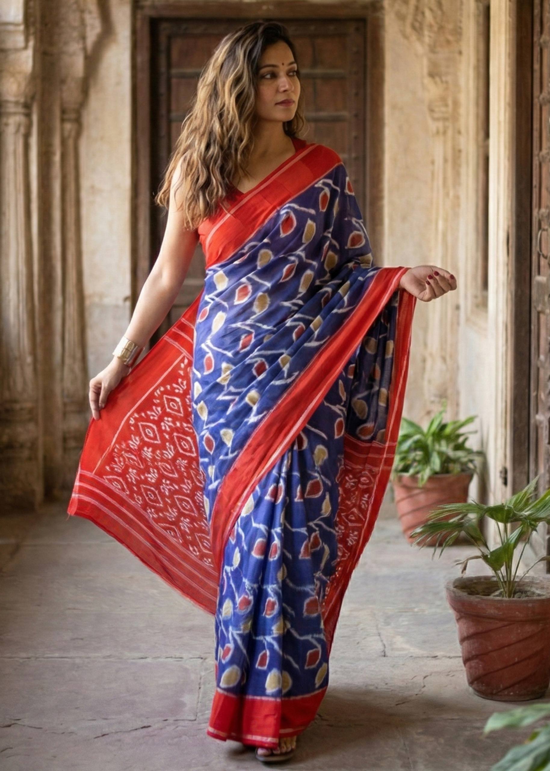 PURE SOFT COTTON HAND BAGRU PRINT BLUE SAREE WITH BLOUSE
