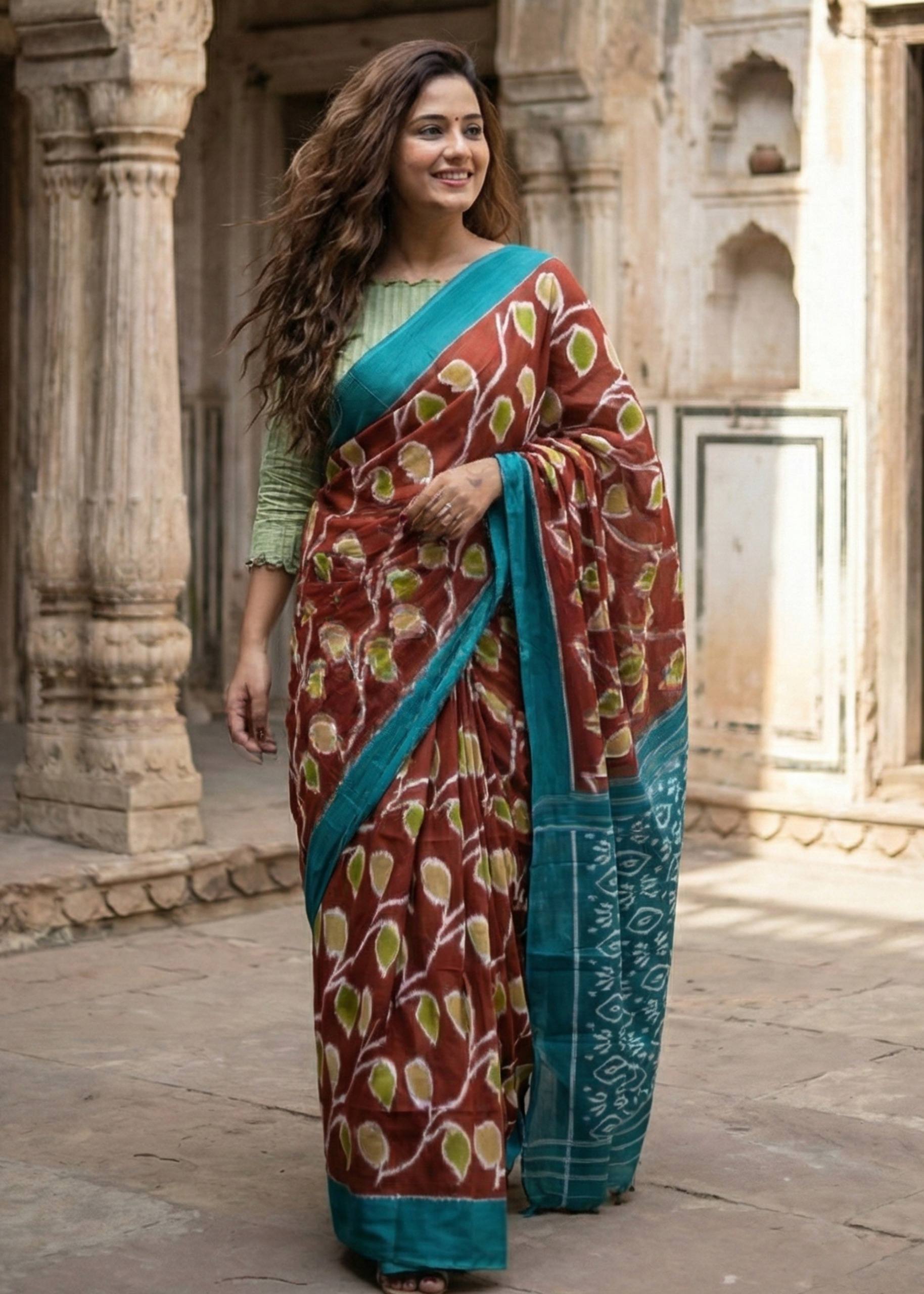 PURE SOFT COTTON HAND BAGRU PRINT MAROON SAREE WITH BLOUSE