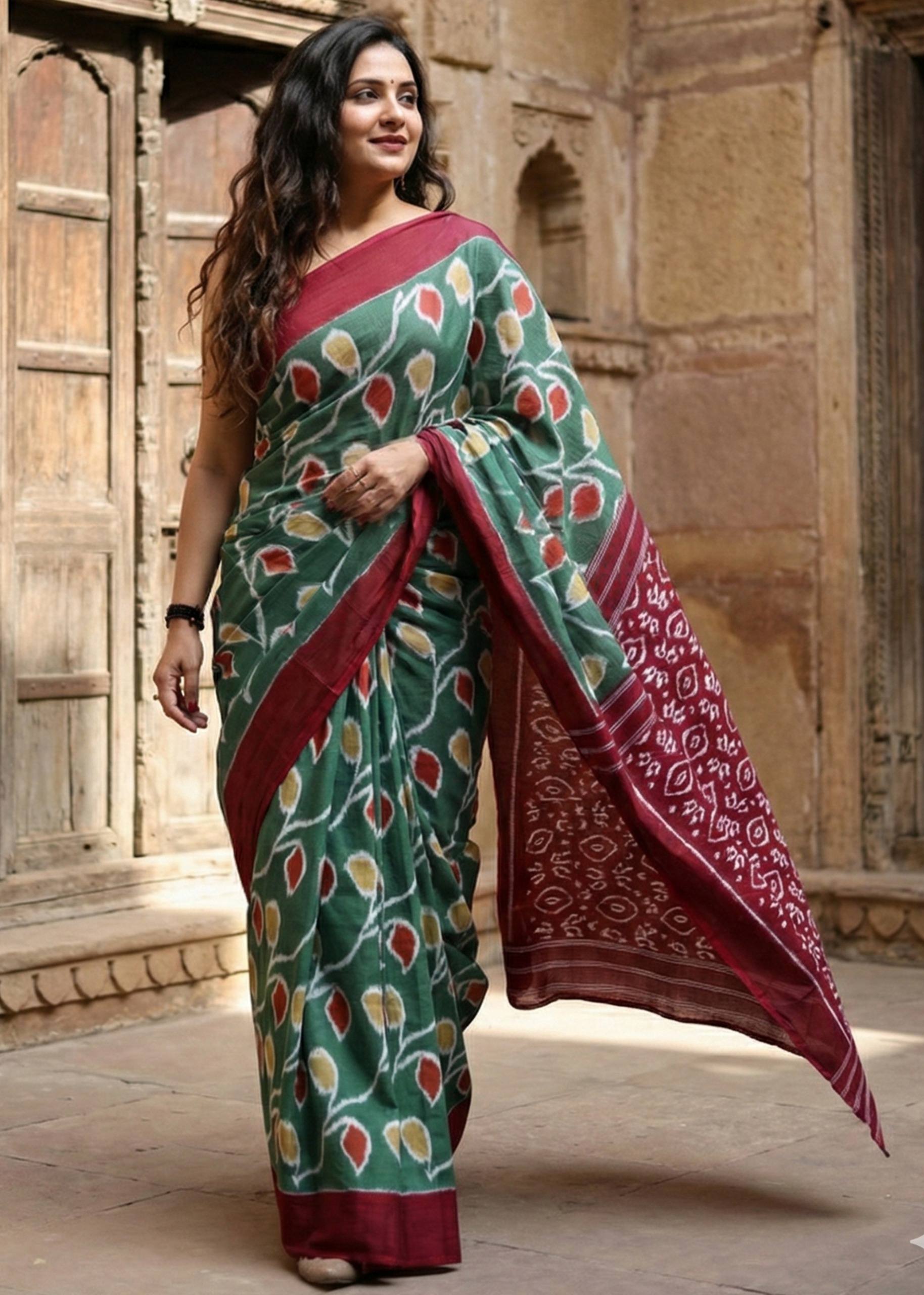 PURE SOFT COTTON HAND BAGRU PRINT GREEN SAREE WITH BLOUSE