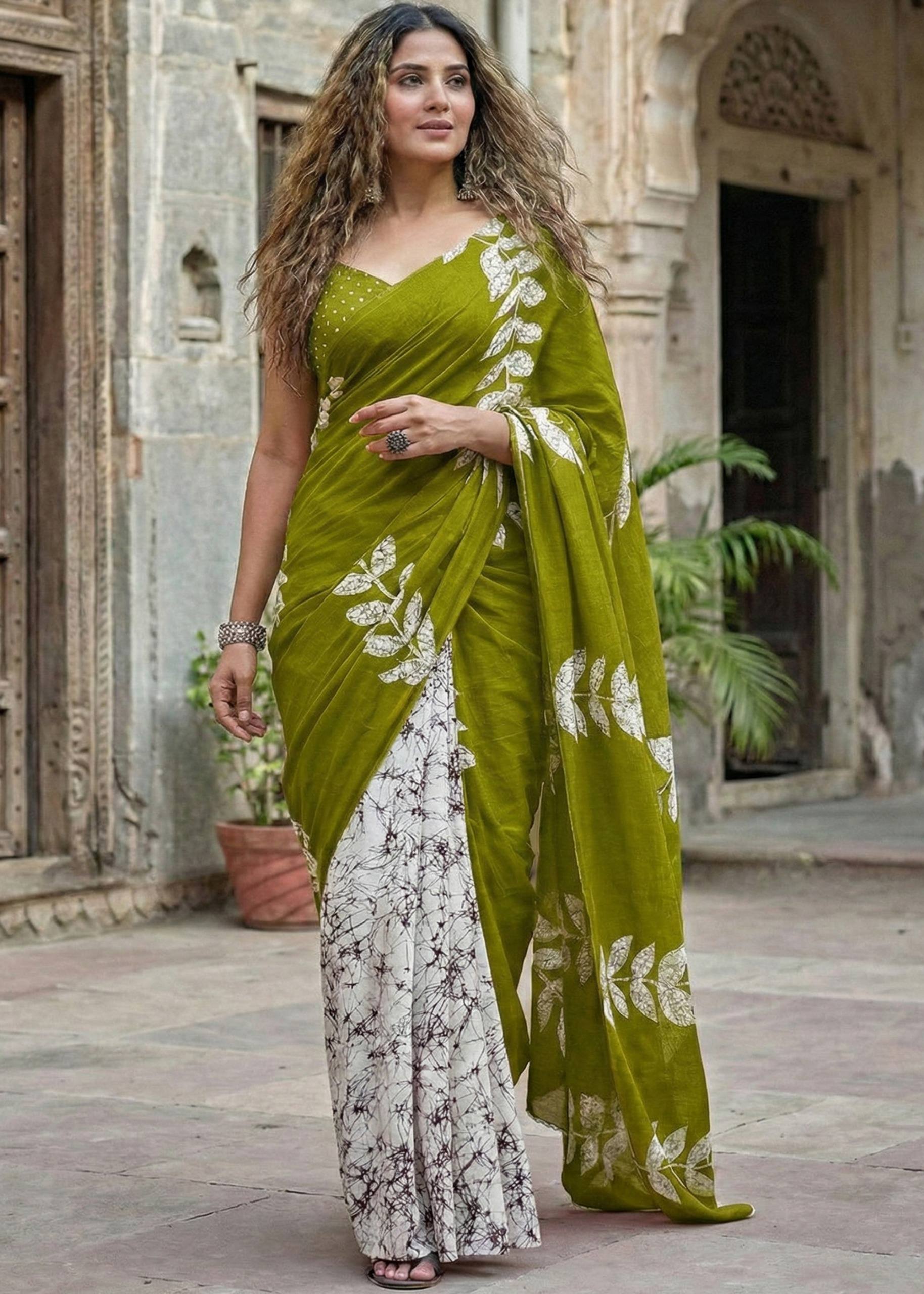PURE SOFT  MULMUL COTTON FANCY BAGRU BLOCK PRINT MEHANDI GREEN SAREE WITH BLOUSE