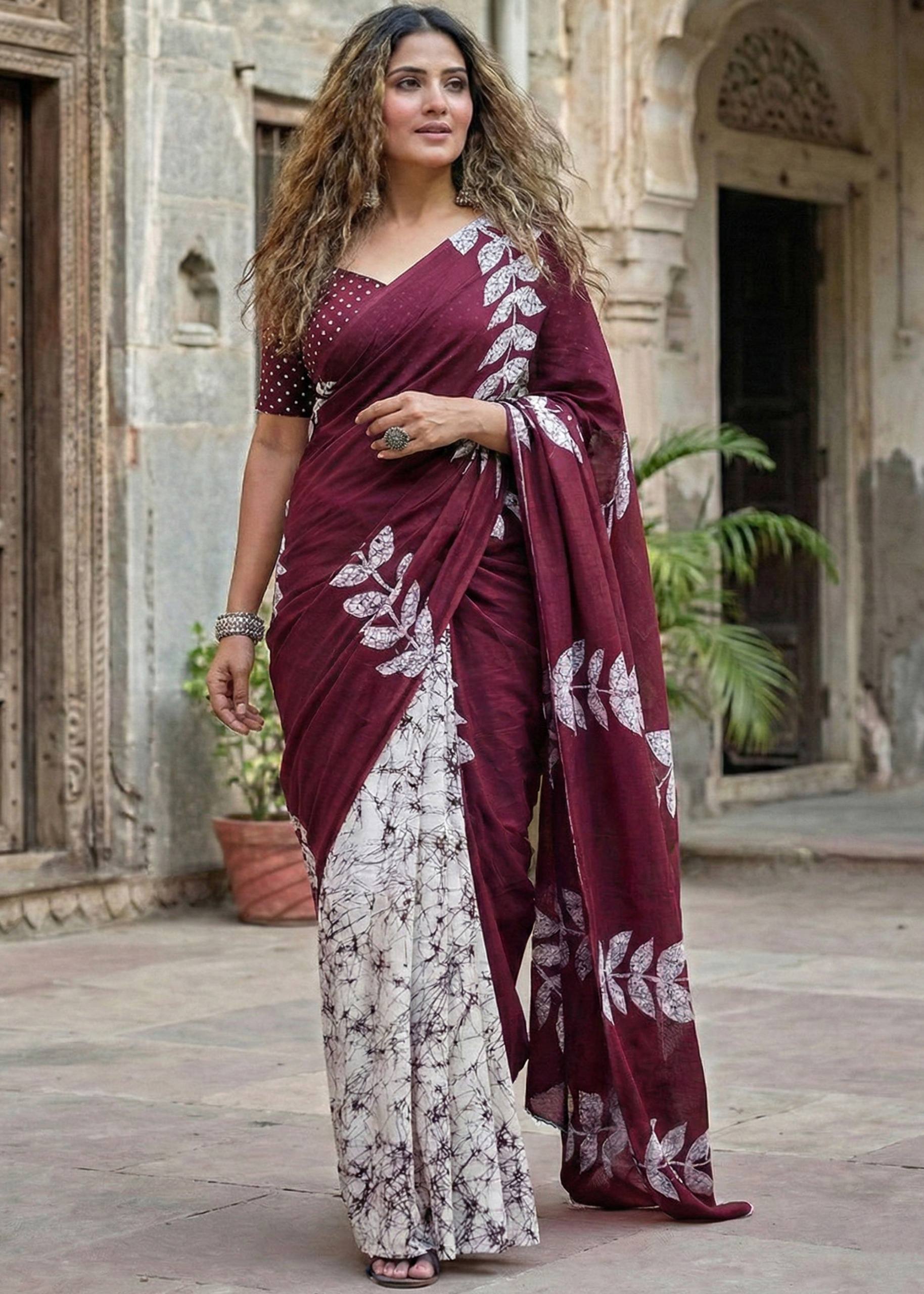 PURE SOFT  MULMUL COTTON FANCY BAGRU BLOCK PRINT MAROON SAREE WITH BLOUSE