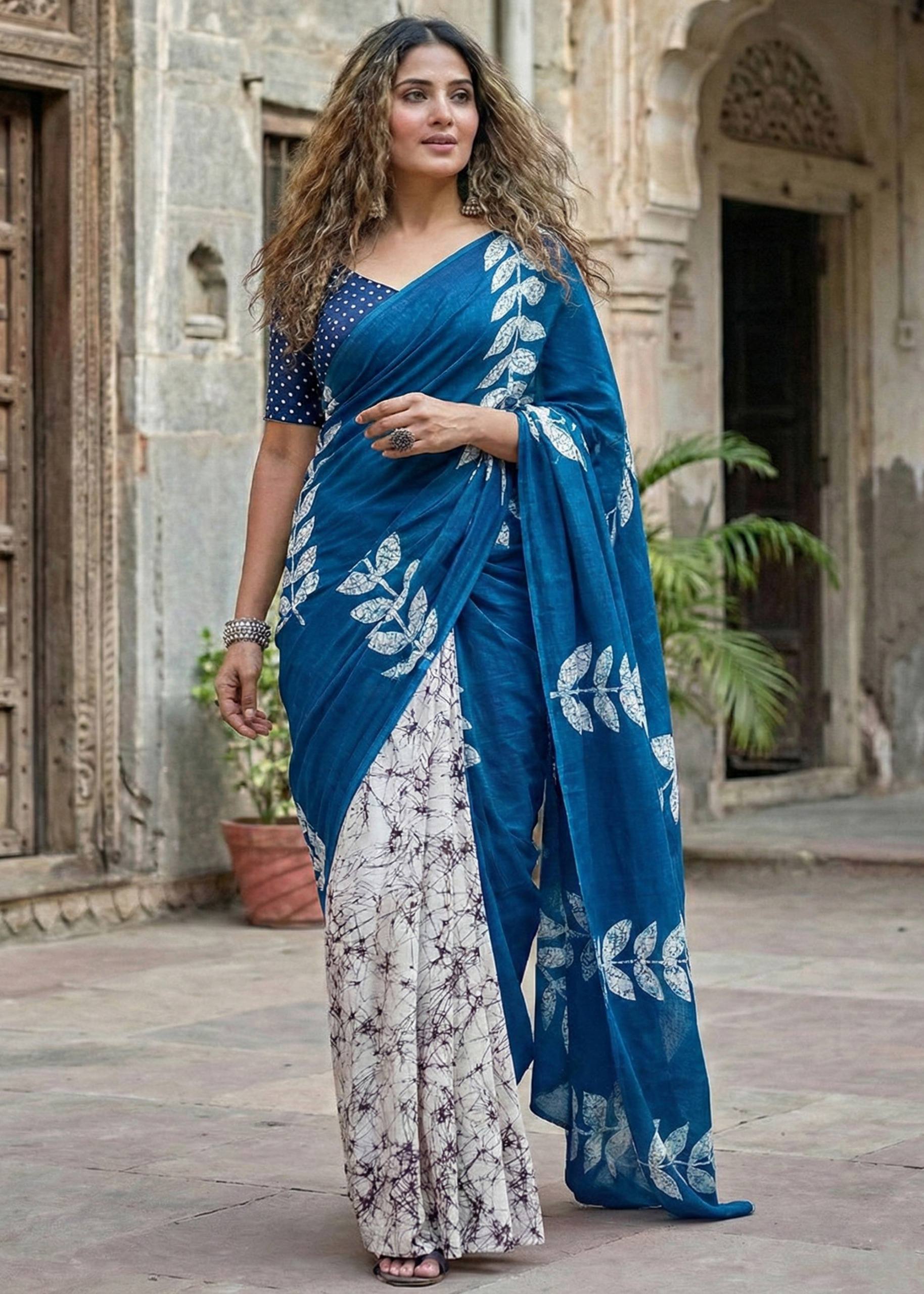 PURE SOFT  MULMUL COTTON FANCY BAGRU BLOCK PRINT BLUE SAREE WITH BLOUSE