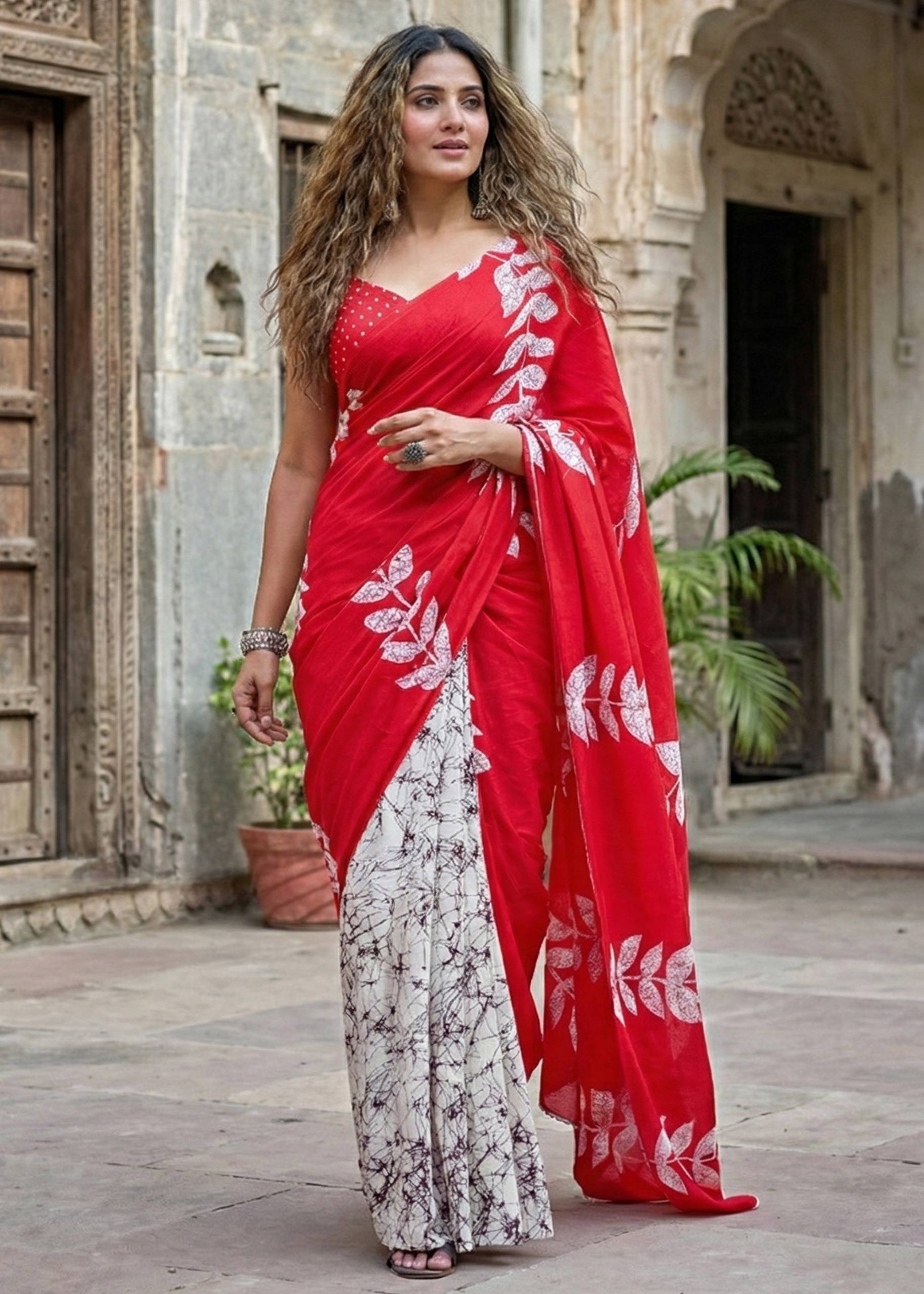 PURE SOFT  MULMUL COTTON FANCY BAGRU BLOCK PRINT RED SAREE WITH BLOUSE