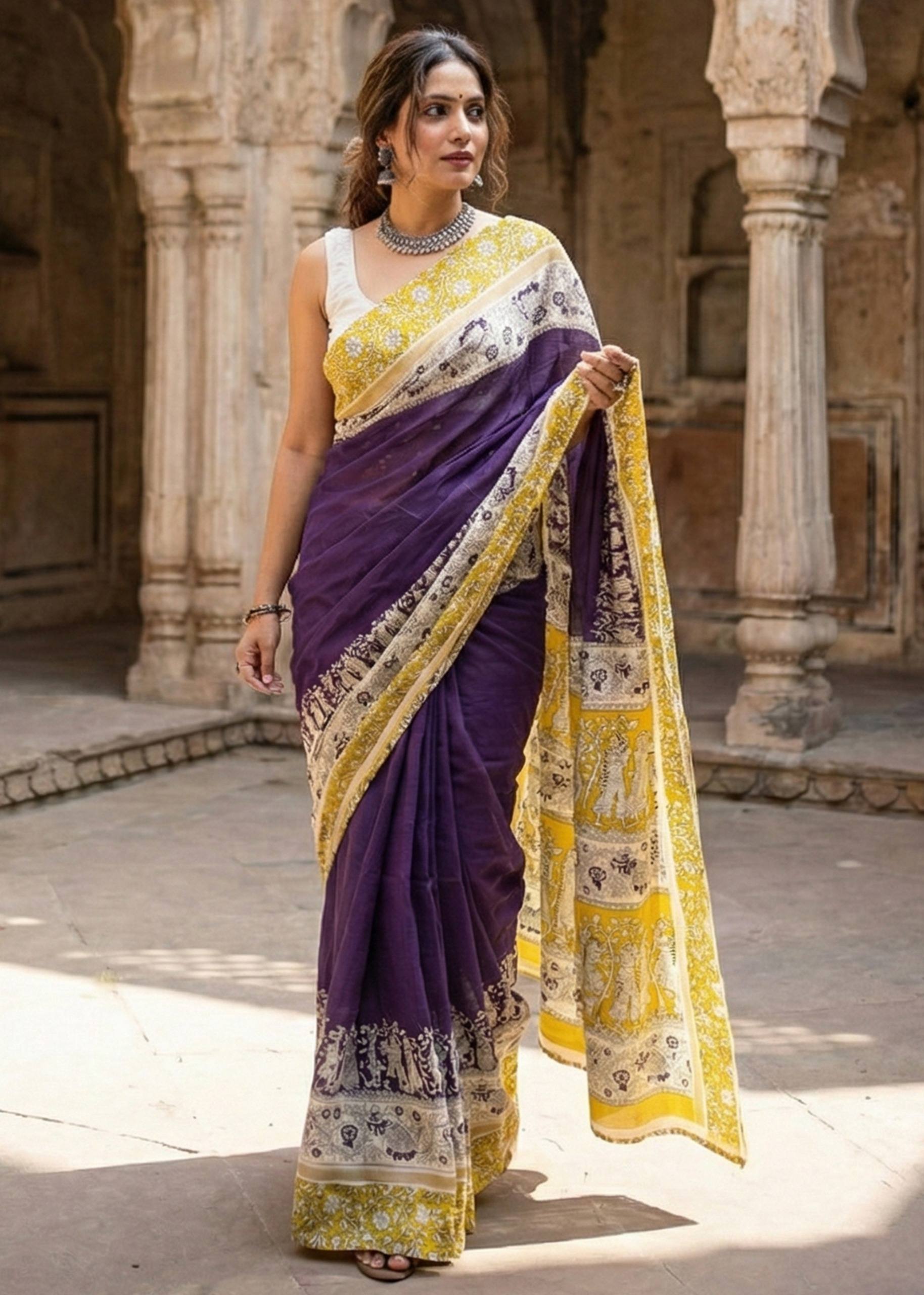 PURE MULMUL COTTON KALMKARI HAND BLOCK PRINT ULTRA SOFT LIGHTWEIGHT VOILET SAREE WITH BLOUSE