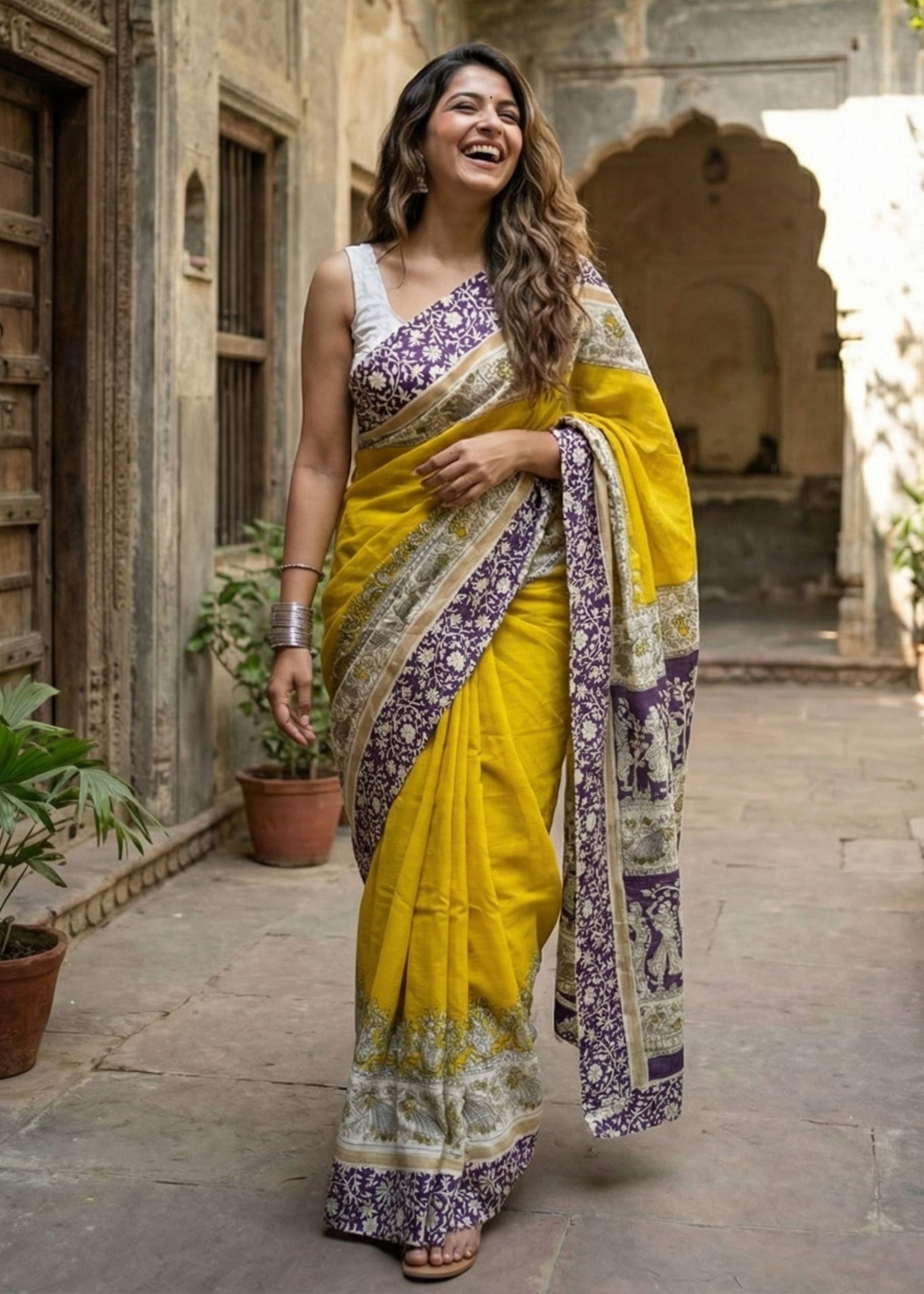 PURE MUL COTTON KALMKARI HAND BLOCK PRINT ULTRA SOFT LIGHTWEIGHT YELLOW SAREE WITH BLOUSE