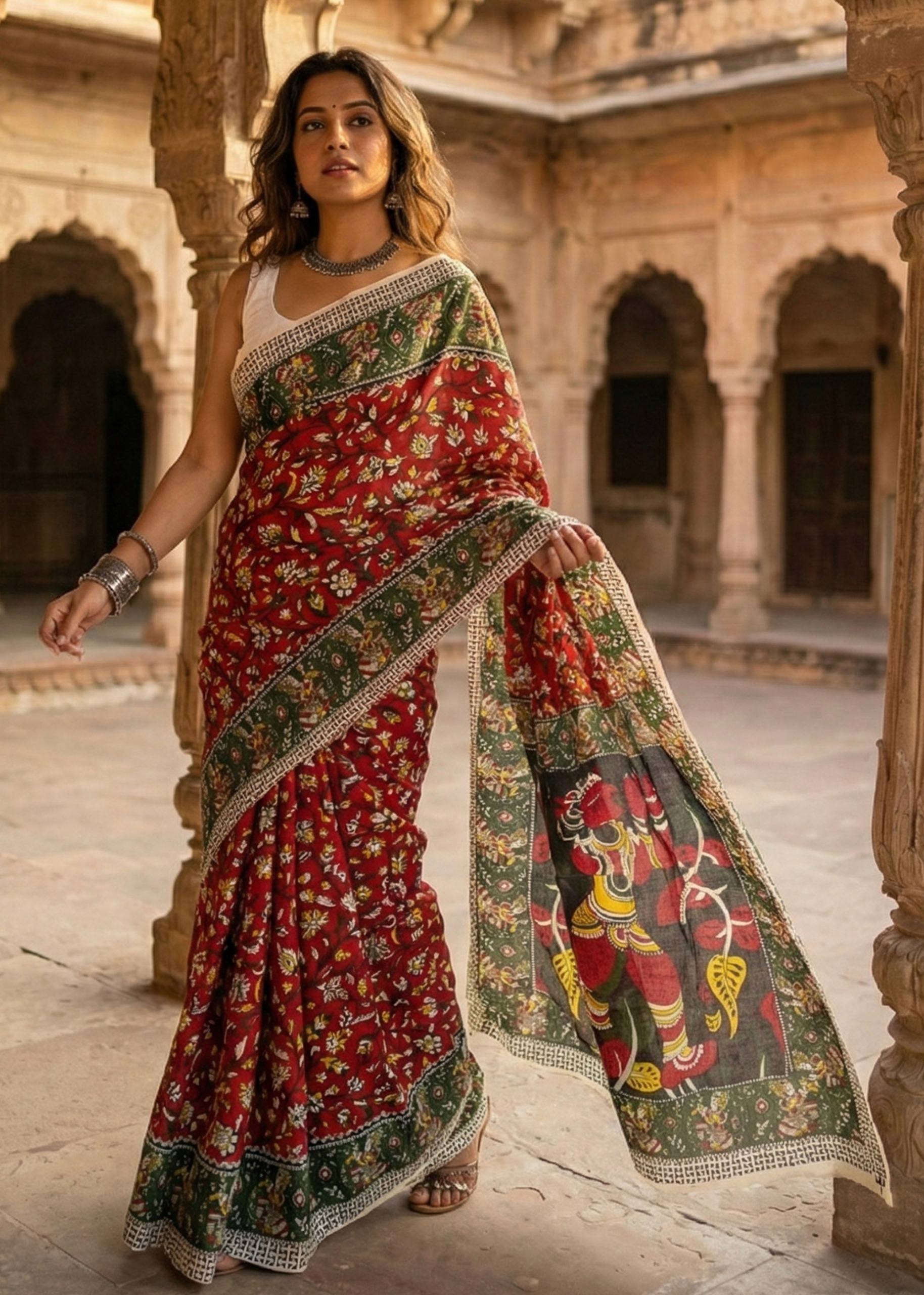 PURE MUL COTTON KALMKARI HAND BLOCK PRINT ULTRA SOFT LIGHTWEIGHT MAROON SAREE WITH BLOUSE