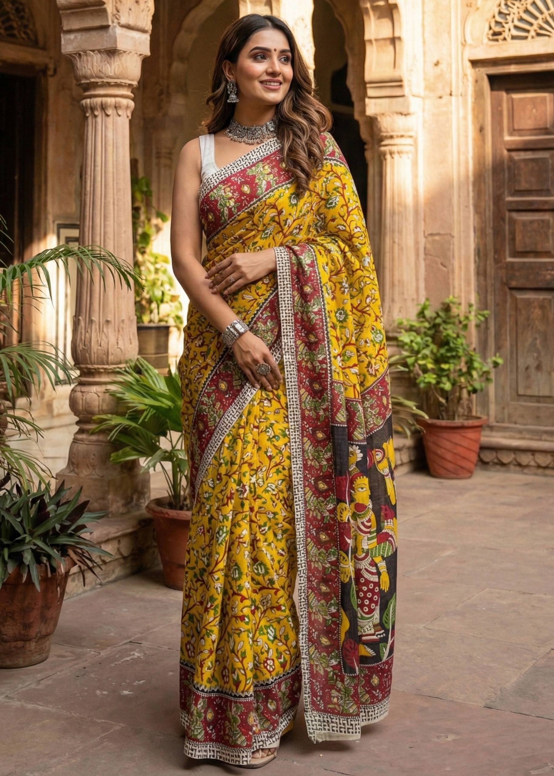 PURE MUL COTTON KALMKARI HAND BLOCK PRINT ULTRA SOFT LIGHTWEIGHT YELLOW AND MAROON SAREE WITH BLOUSE