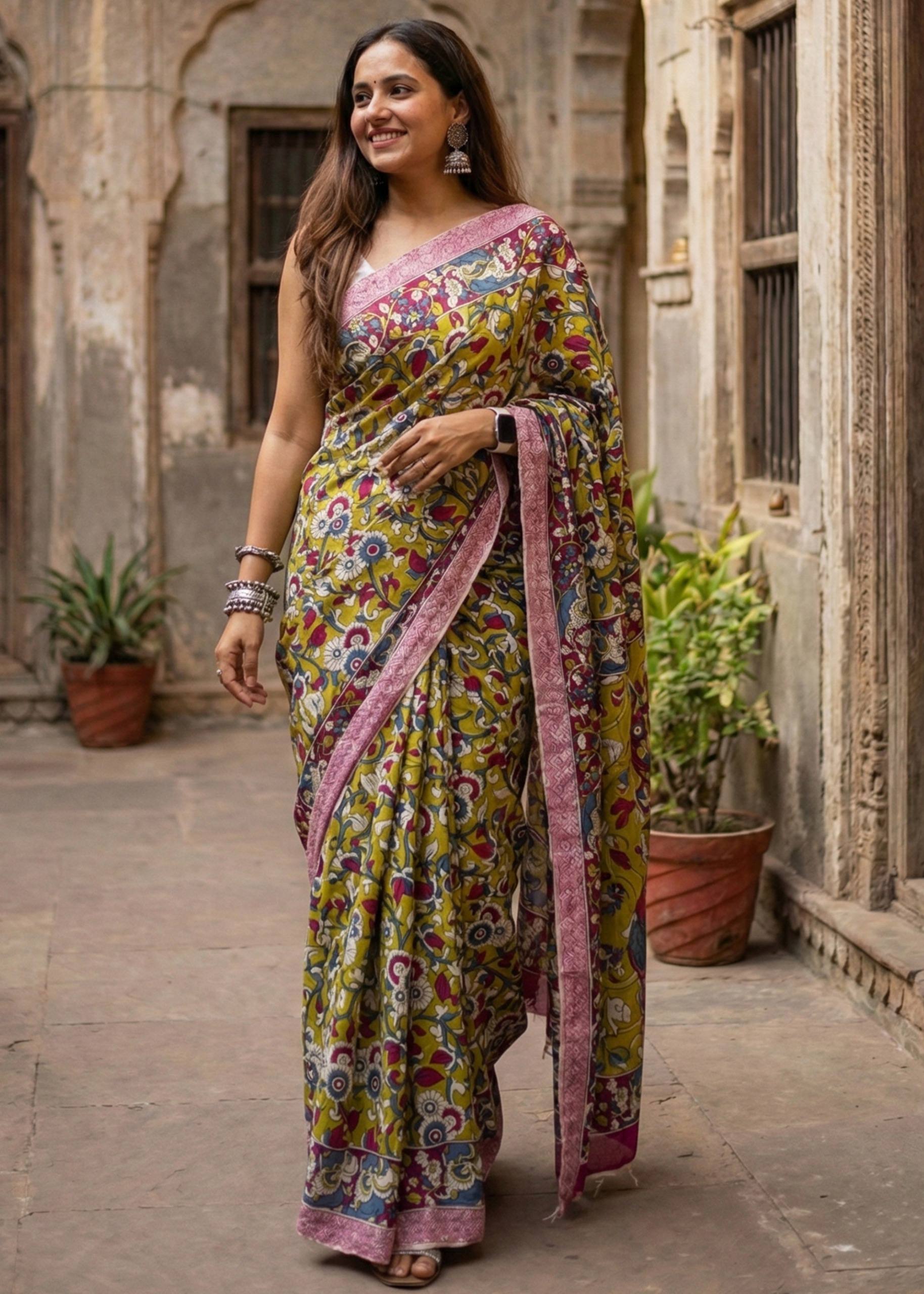 PURE MUL COTTON KALMKARI HAND BLOCK PRINT ULTRA SOFT LIGHTWEIGHT MEHANDI GREEN SAREE WITH BLOUSE