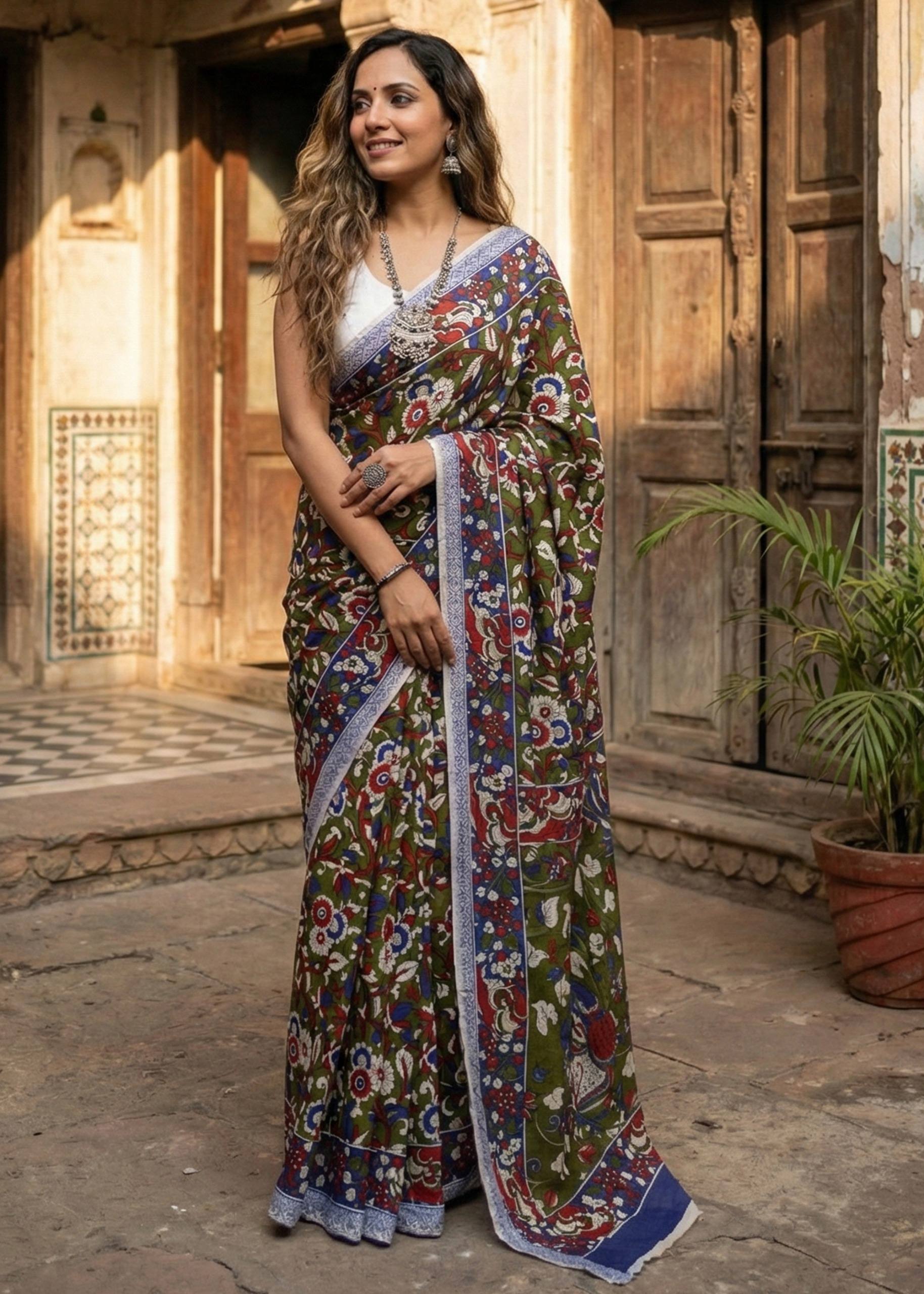 PURE MUL COTTON KALMKARI HAND BLOCK PRINT ULTRA SOFT LIGHTWEIGHT MEHANDI GREEN AND BLUE SAREE WITH BLOUSE