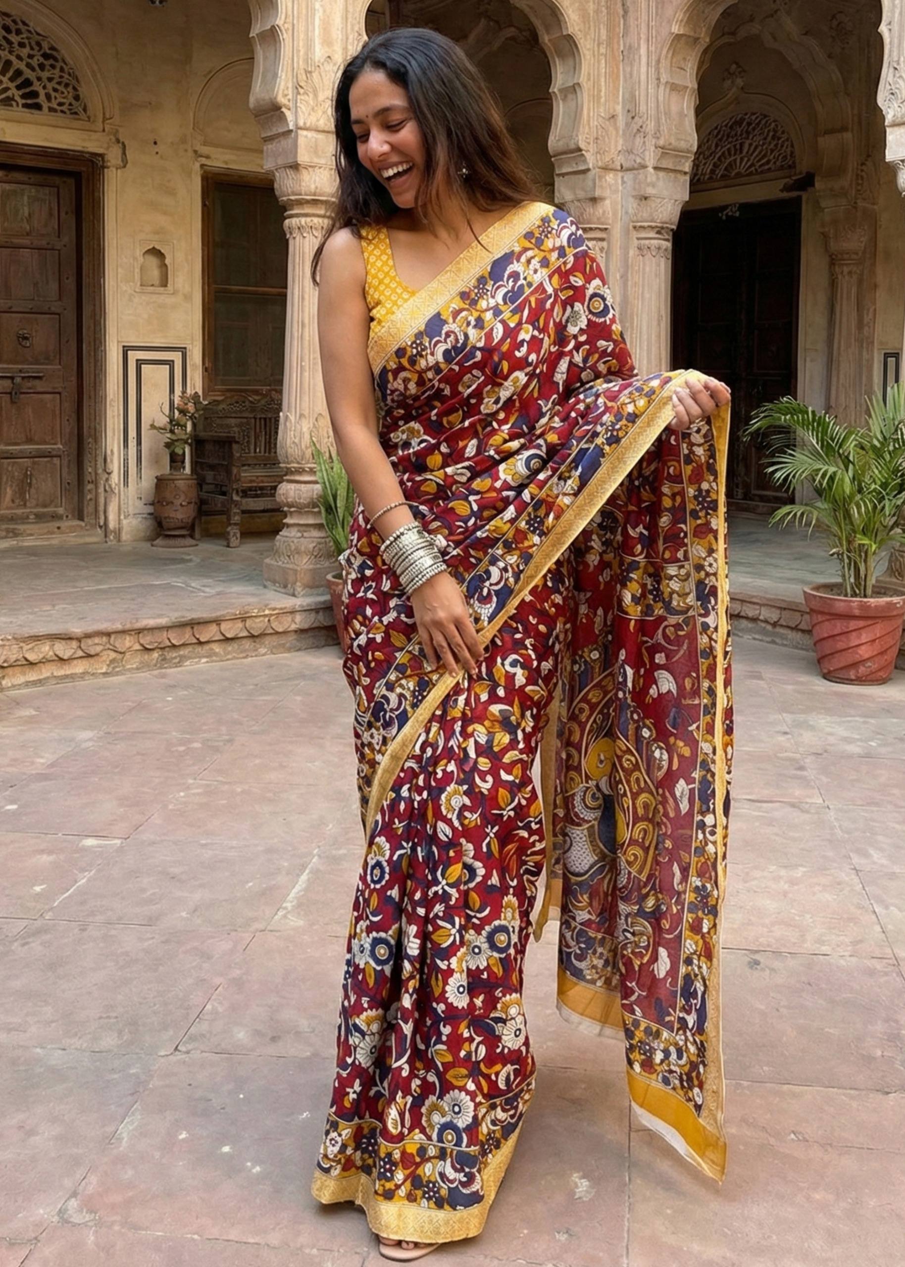 PURE MUL COTTON KALMKARI HAND BLOCK PRINT ULTRA SOFT LIGHTWEIGHT RED SAREE WITH BLOUSE