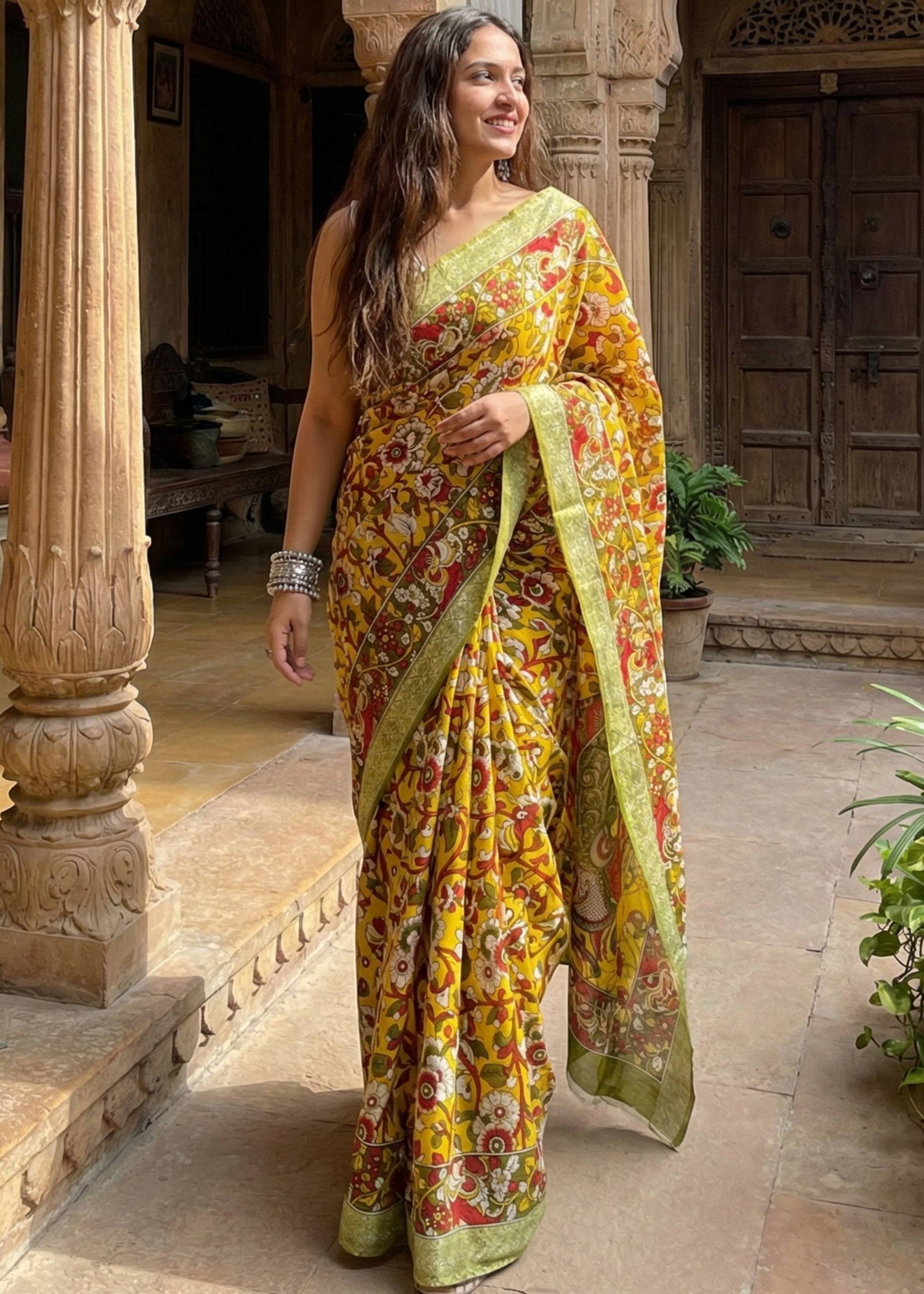 PURE MUL COTTON KALMKARI HAND BLOCK PRINT ULTRA SOFT LIGHTWEIGHT MUSTURD SAREE WITH BLOUSE