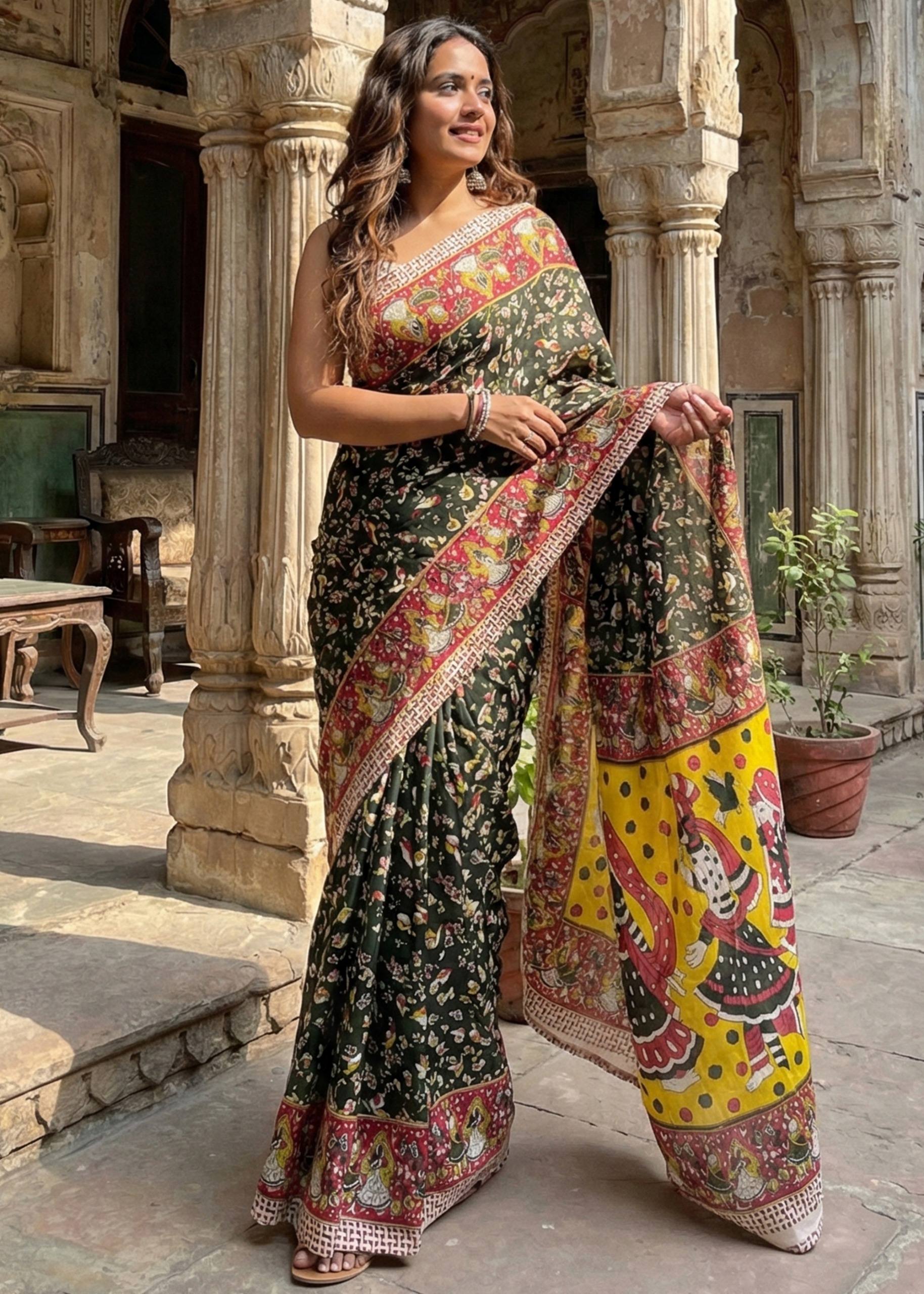 PURE MUL COTTON KALMKARI HAND BLOCK PRINT ULTRA SOFT LIGHTWEIGHT BLACK SAREE WITH BLOUSE