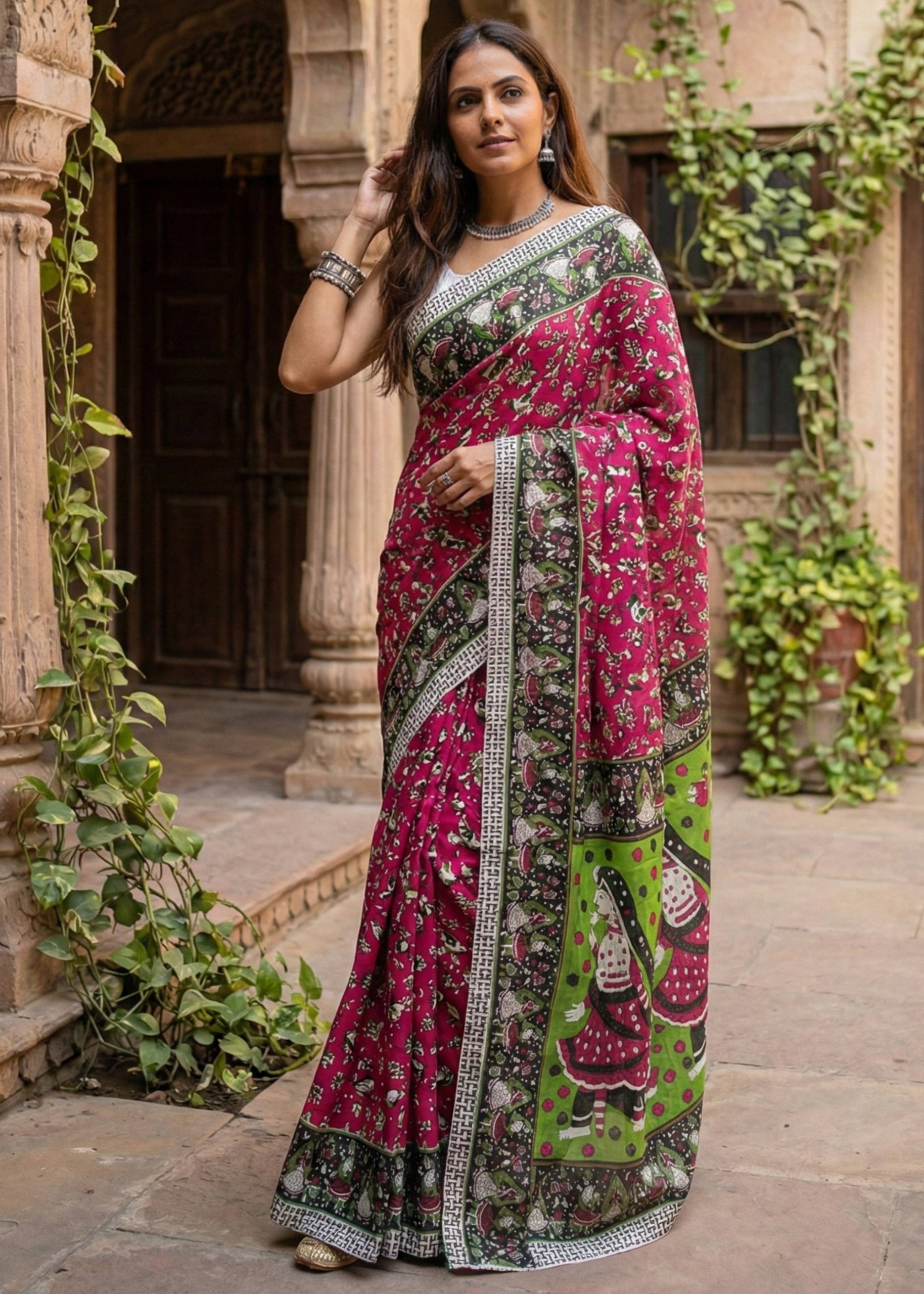 PURE MUL COTTON KALMKARI HAND BLOCK PRINT ULTRA SOFT LIGHTWEIGHT PINK AND GREEN SAREE WITH BLOUSE