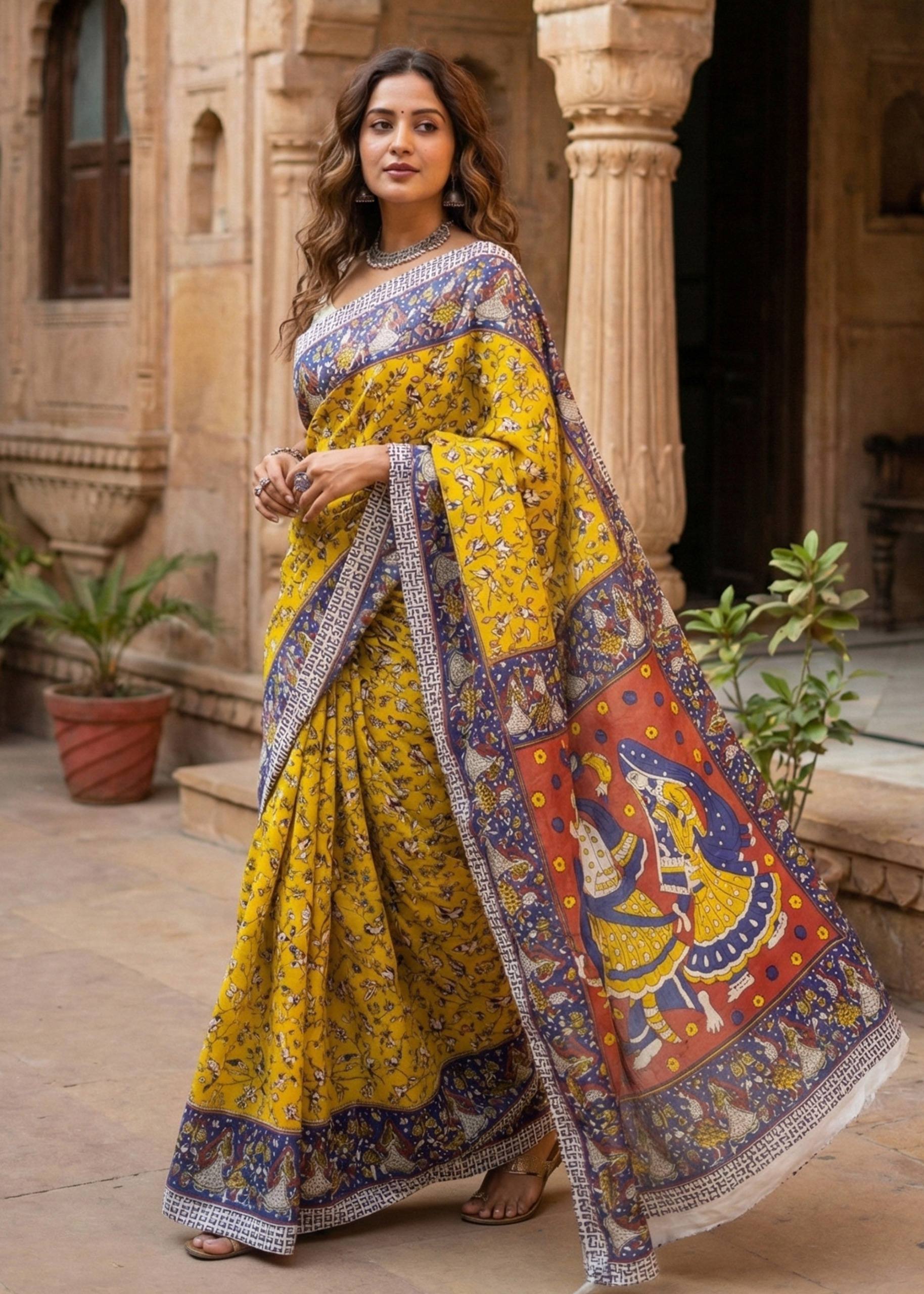 PURE MULMUL COTTON KALMKARI HAND BLOCK PRINT ULTRA SOFT LIGHTWEIGHT YELLOW AND BLUE SAREE WITH BLOUSE