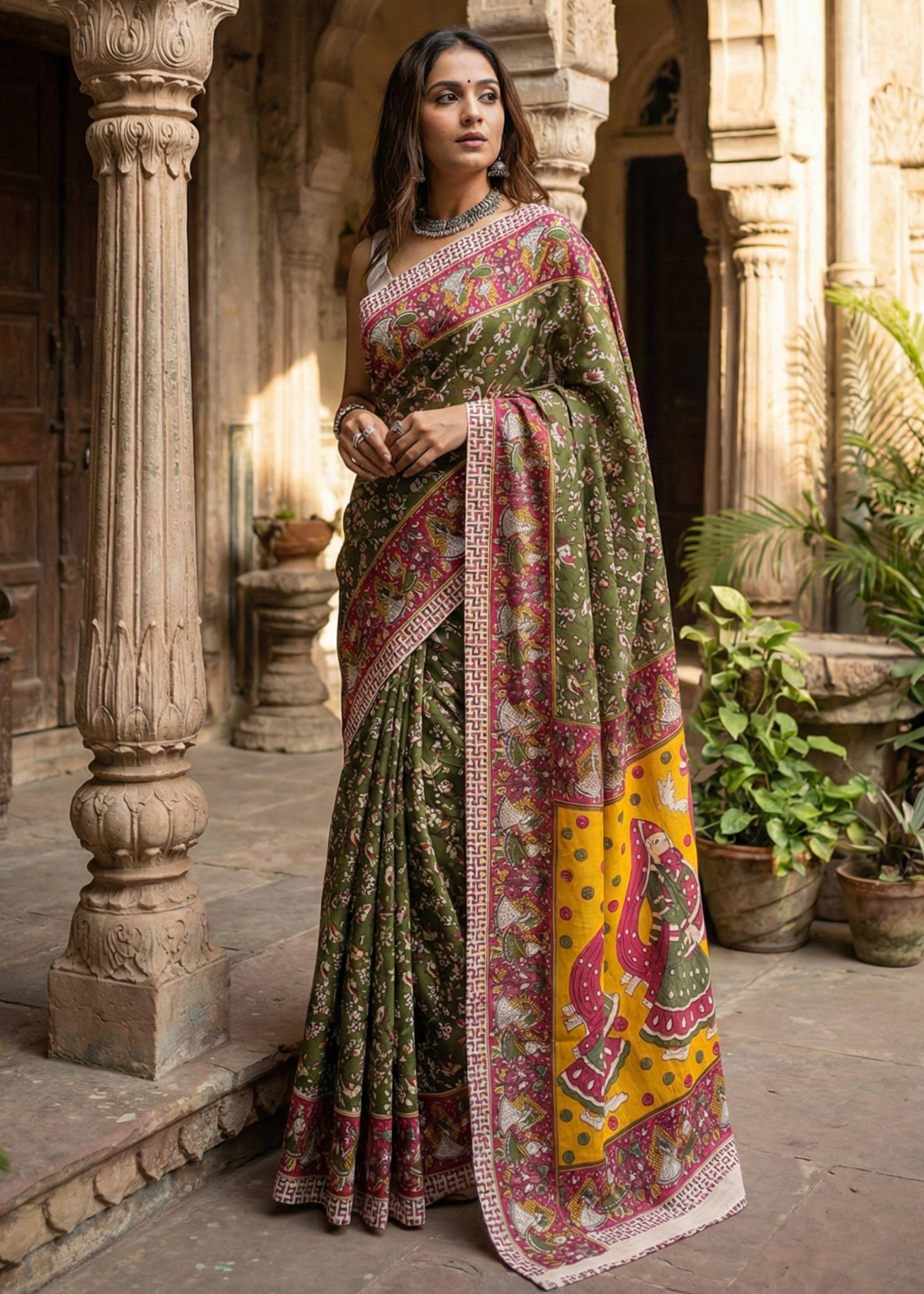 PURE MULMUL COTTON KALMKARI HAND BLOCK PRINT ULTRA SOFT LIGHTWEIGHT GREEN SAREE WITH BLOUSE