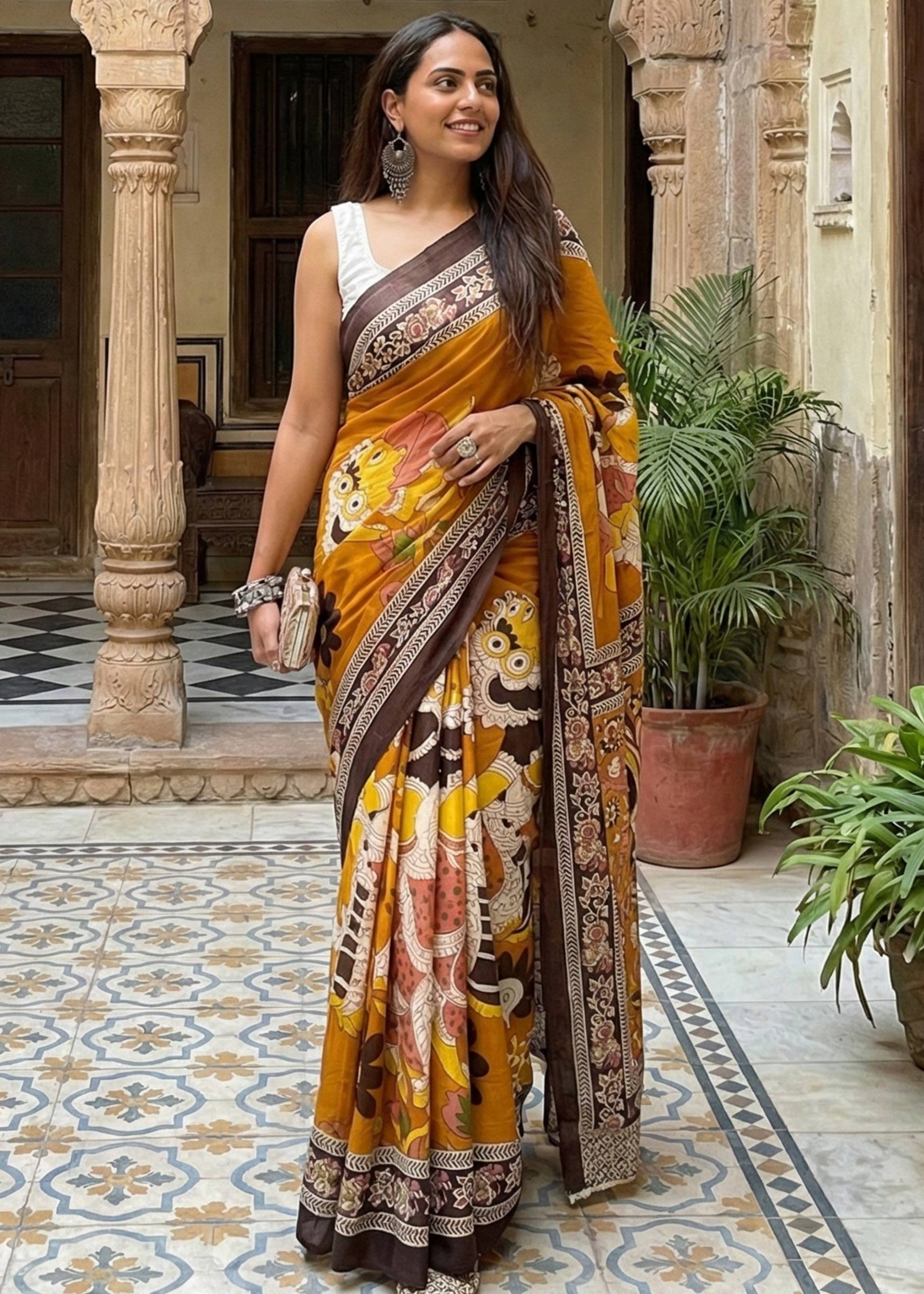 PURE MULMUL COTTON KALMKARI HAND BLOCK PRINT ULTRA SOFT LIGHTWEIGHT ORANGE SAREE WITH BLOUSE
