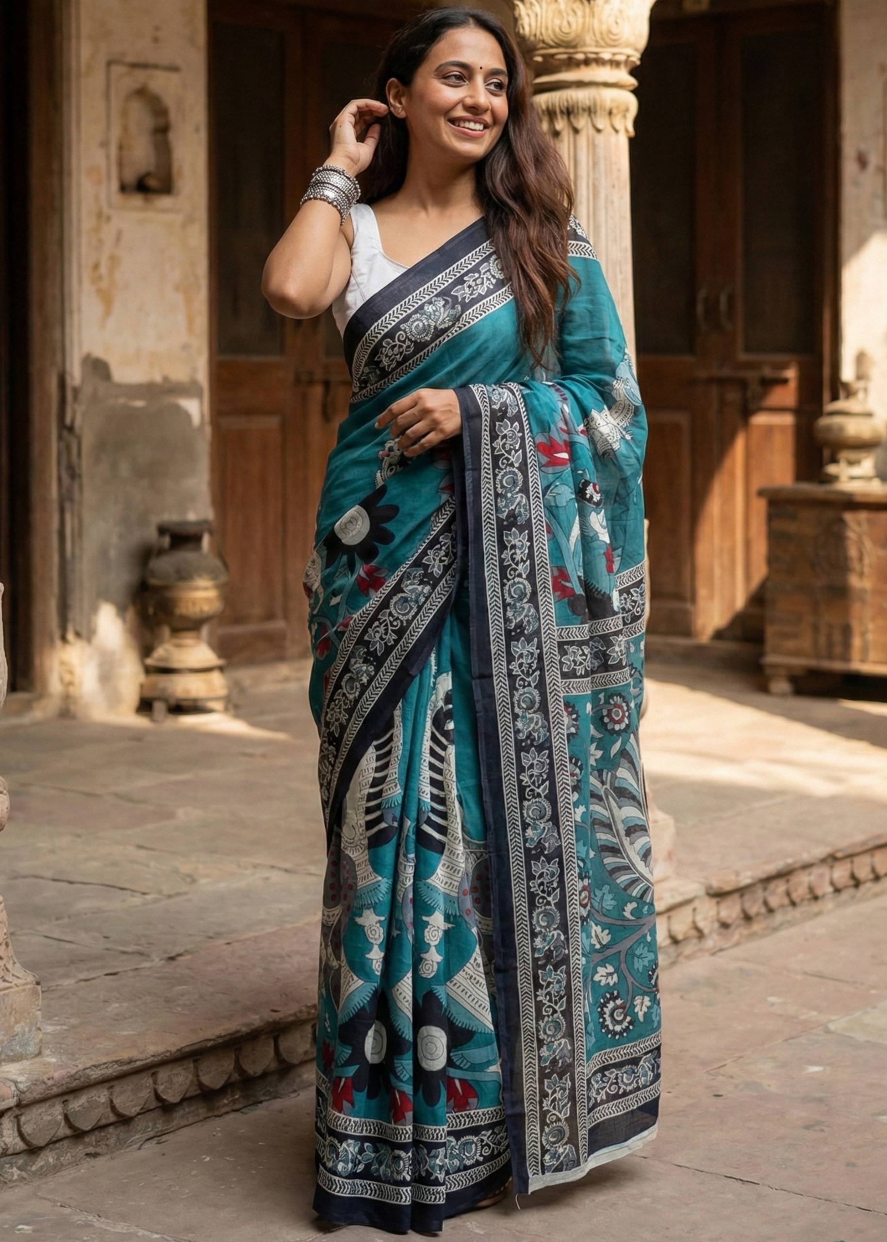 PURE MULMUL COTTON KALMKARI HAND BLOCK PRINT ULTRA SOFT LIGHTWEIGHT BLUE SAREE WITH BLOUSE