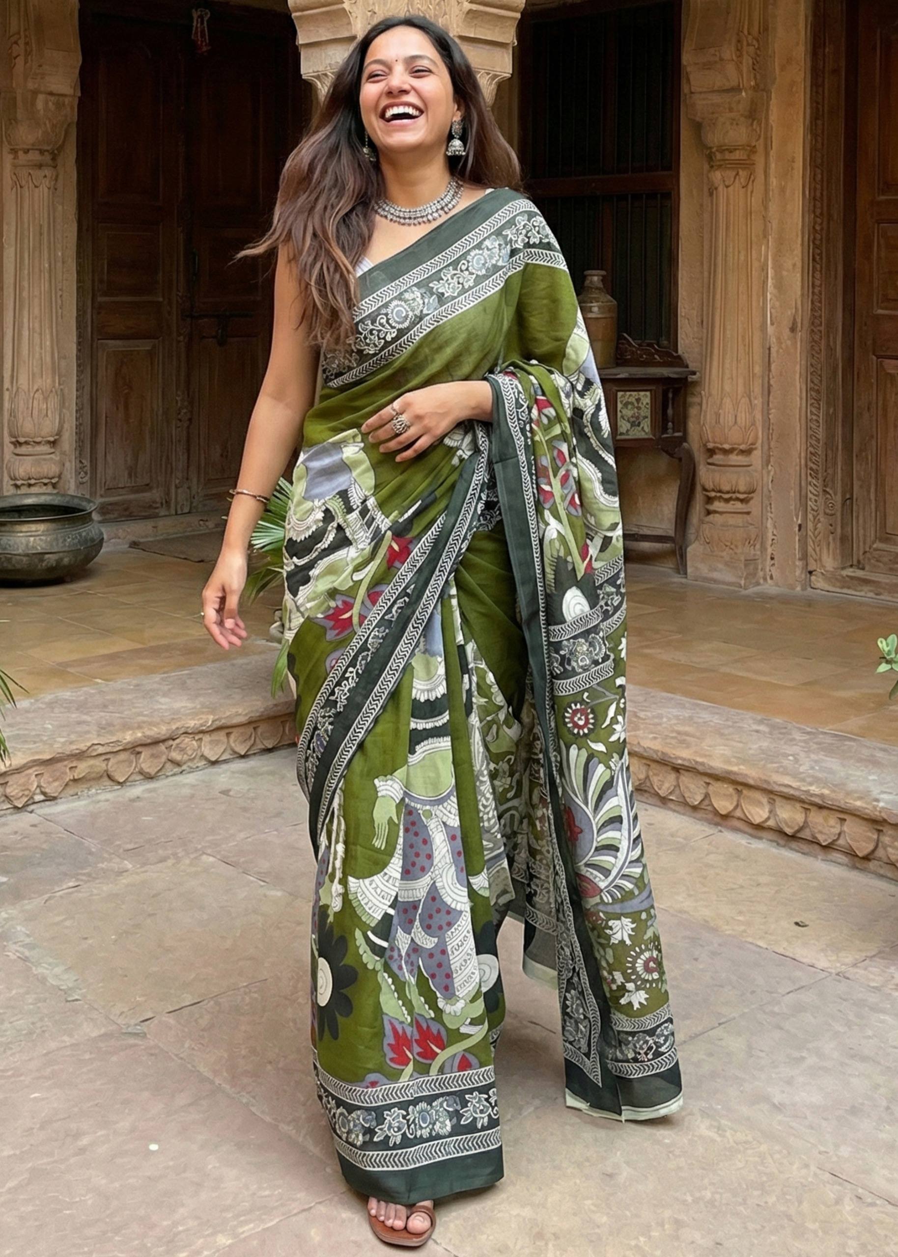 PURE MULMUL COTTON KALMKARI HAND BLOCK PRINT ULTRA SOFT LIGHTWEIGHT MEHANDI GREEN SAREE WITH BLOUSE