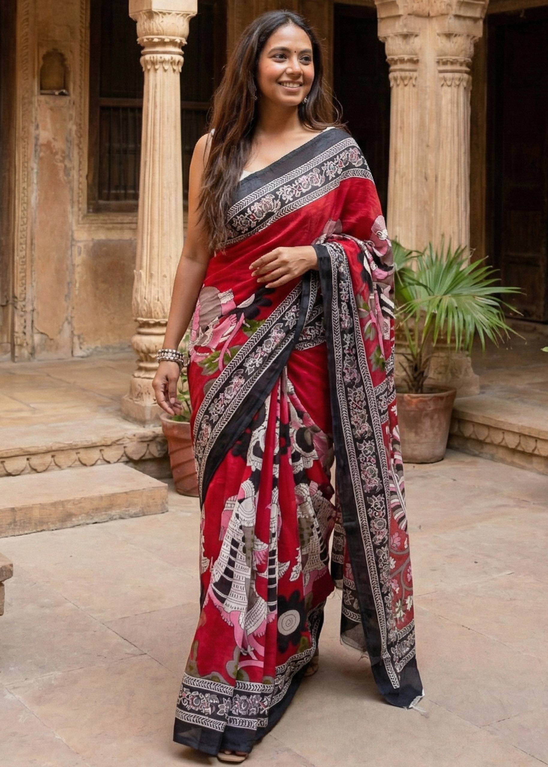 PURE MULMUL COTTON KALMKARI HAND BLOCK PRINT ULTRA SOFT LIGHTWEIGHT RED SAREE WITH BLOUSE
