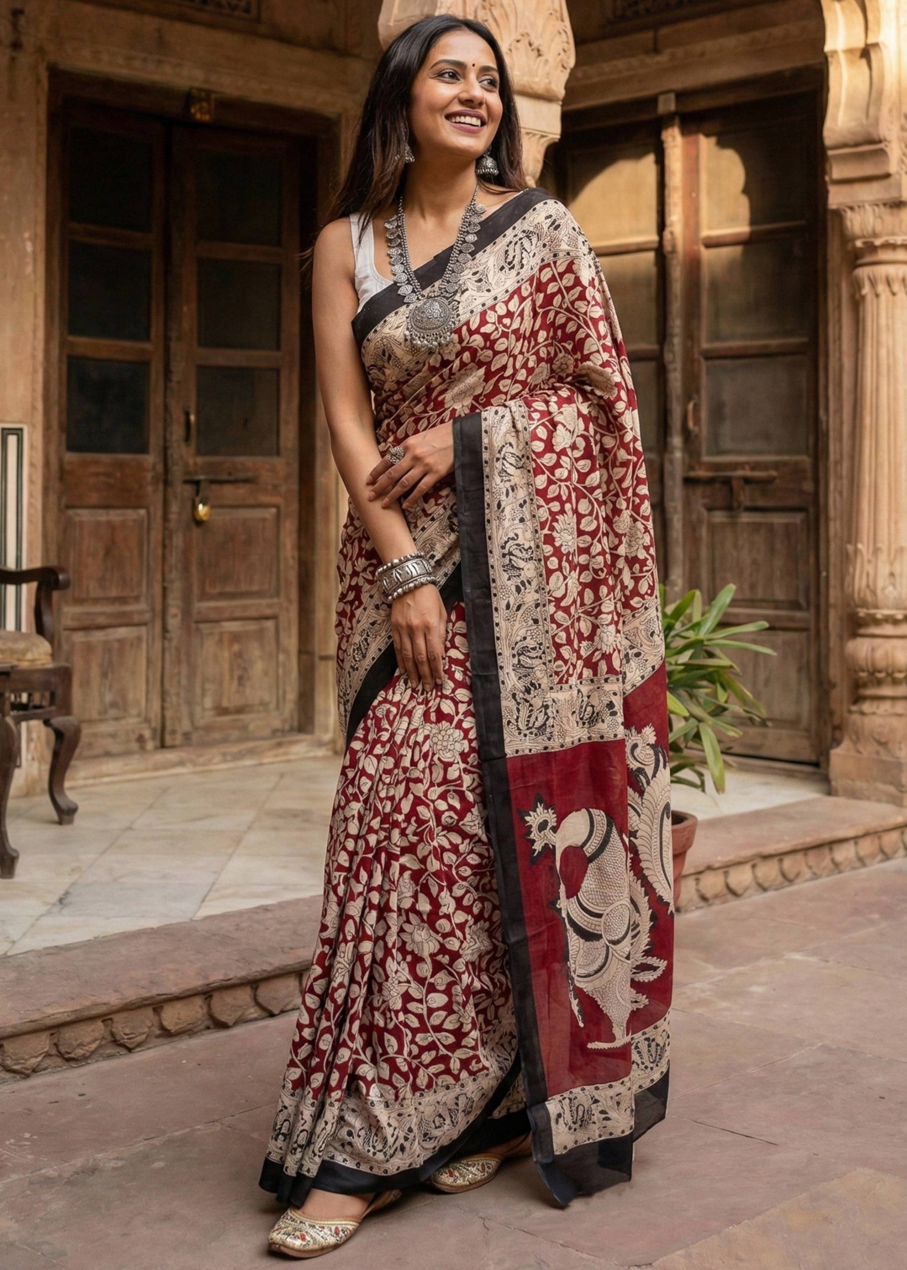 PURE MULMUL COTTON KALMKARI HAND BLOCK PRINT ULTRA SOFT LIGHTWEIGHT MAROON SAREE WITH BLOUSE