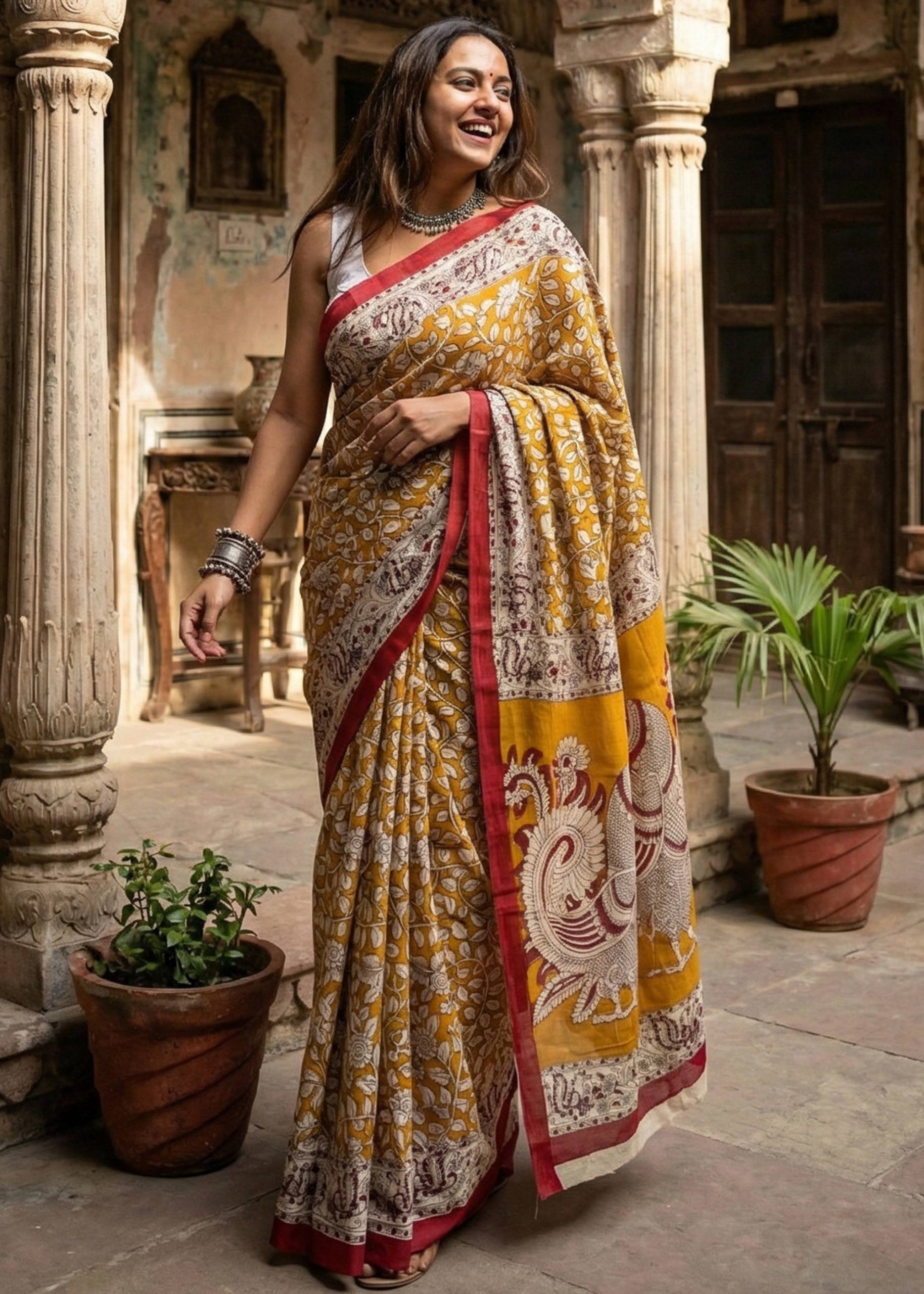 PURE MULMUL COTTON KALMKARI HAND BLOCK PRINT ULTRA SOFT LIGHTWEIGHT YELLOW AND MAROON SAREE WITH BLOUSE