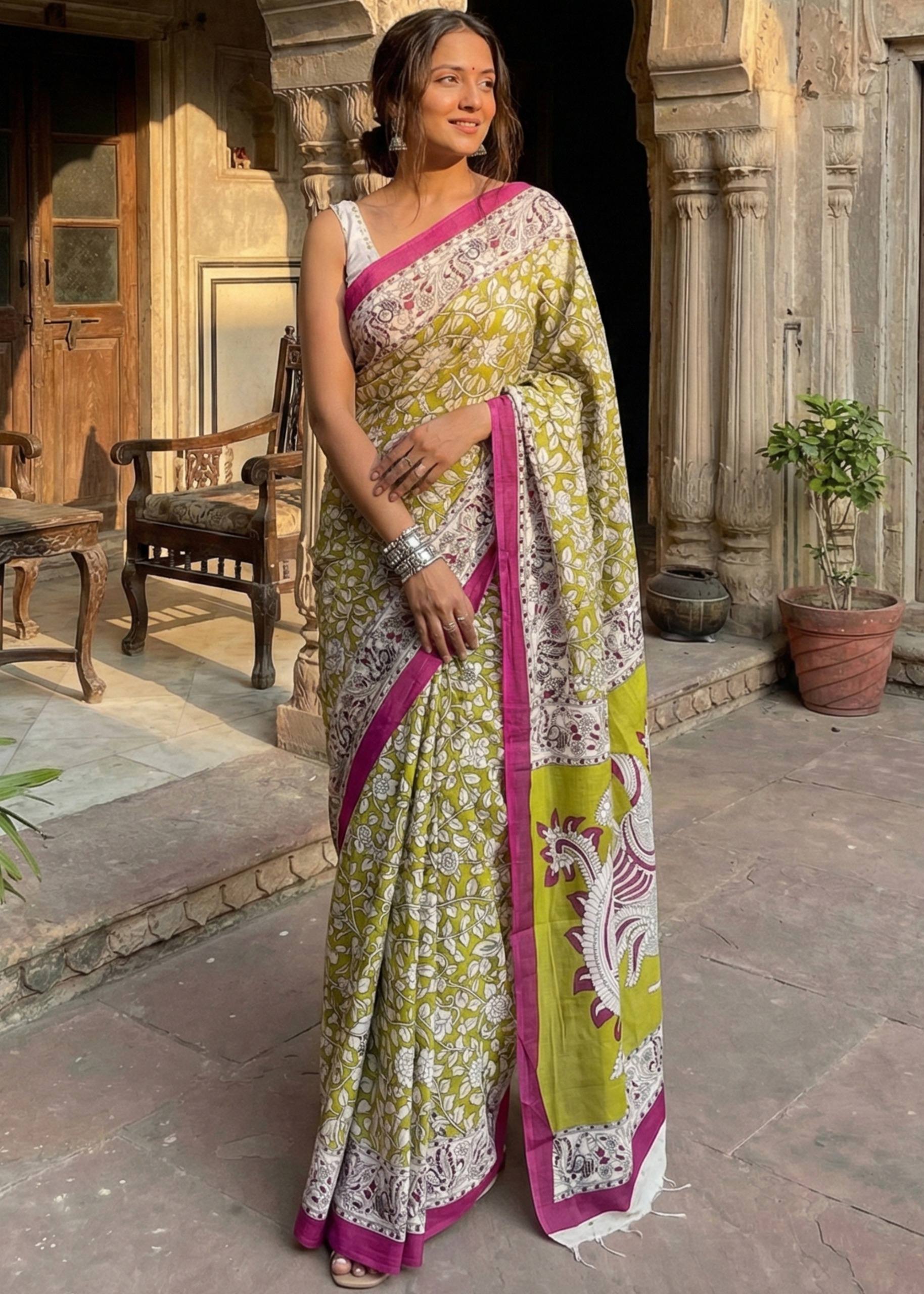 PURE MULMUL COTTON KALMKARI HAND BLOCK PRINT ULTRA SOFT LIGHTWEIGHT MEHANDI GREEN AND PINK SAREE WITH BLOUSE