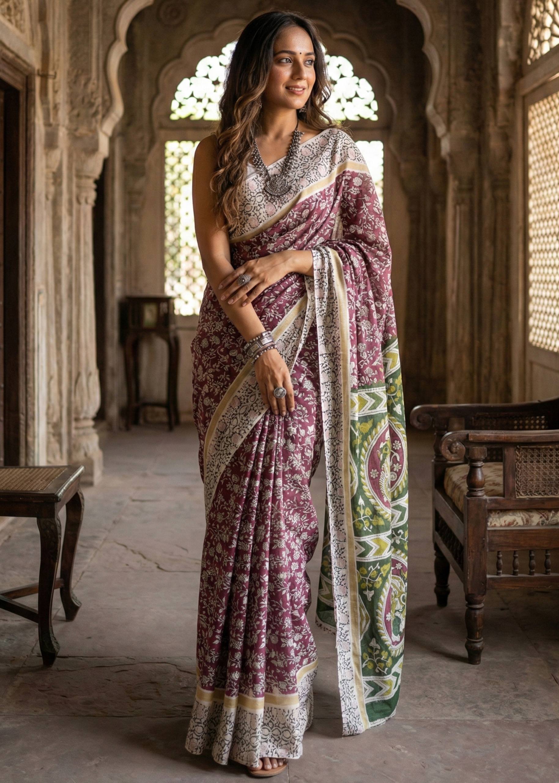 PURE MULMUL COTTON KALMKARI HAND BLOCK PRINT ULTRA SOFT LIGHTWEIGHT PURPLE SAREE WITH BLOUSE