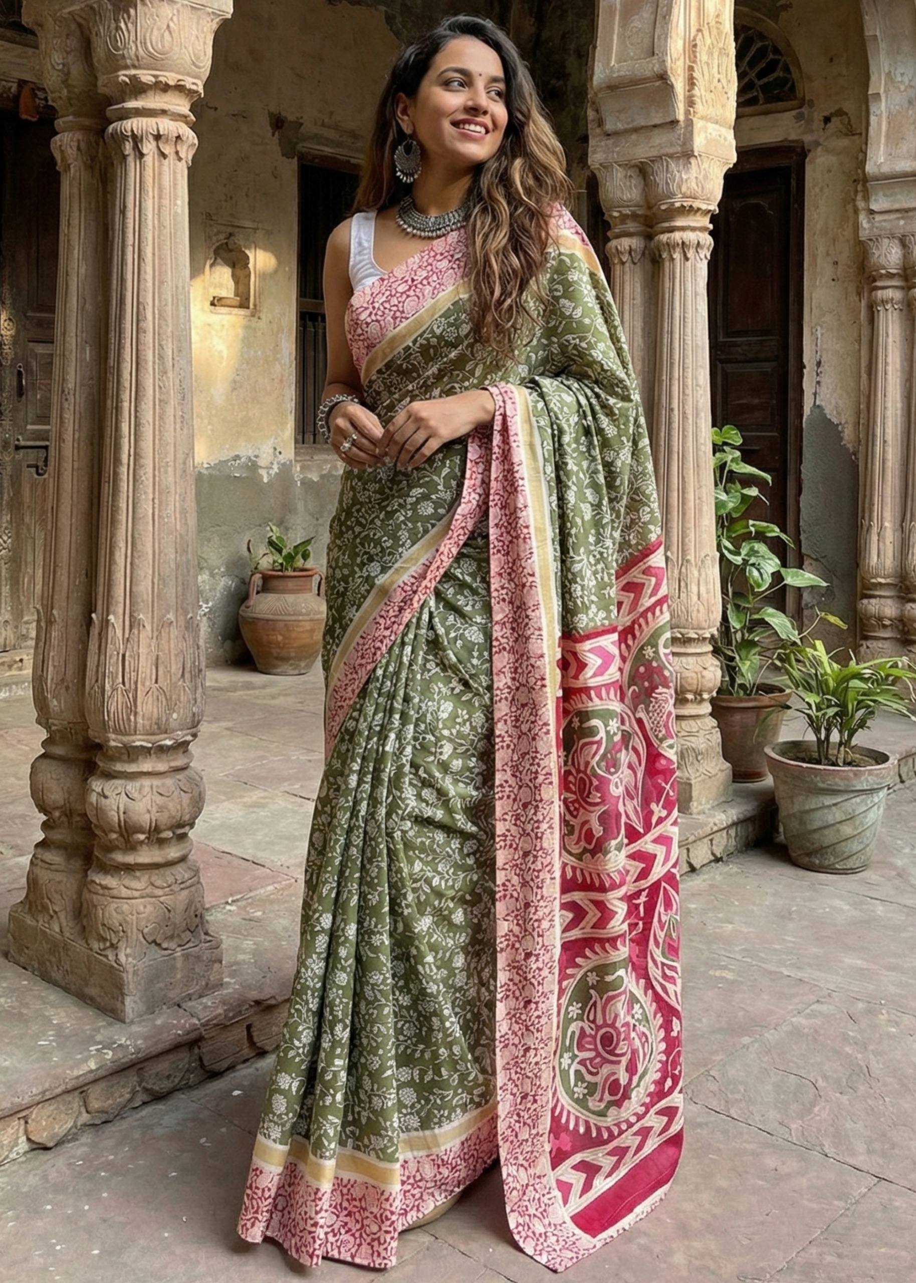 PURE MULMUL COTTON KALMKARI HAND BLOCK PRINT ULTRA SOFT LIGHTWEIGHT MEHANDI GREEN AND PINK SAREE WITH BLOUSE