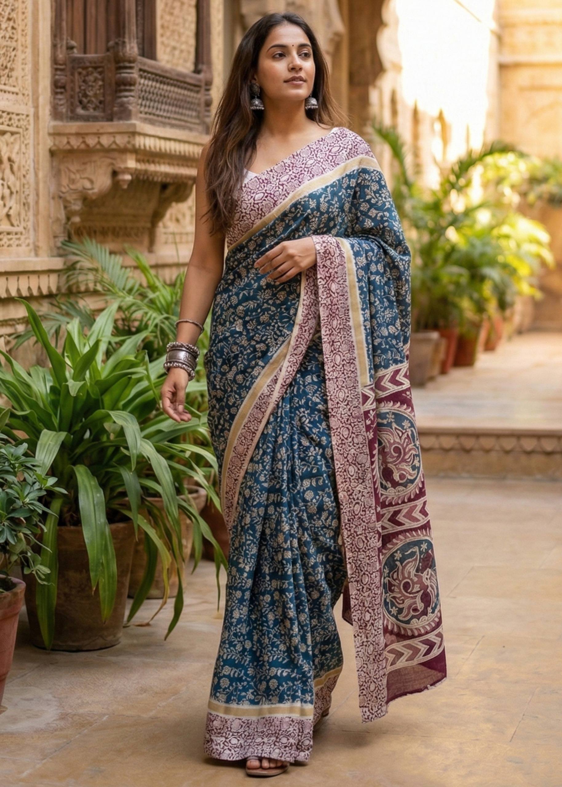 PURE MULMUL COTTON KALMKARI HAND BLOCK PRINT ULTRA SOFT LIGHTWEIGHT BLUE AND MAROON SAREE WITH BLOUSE