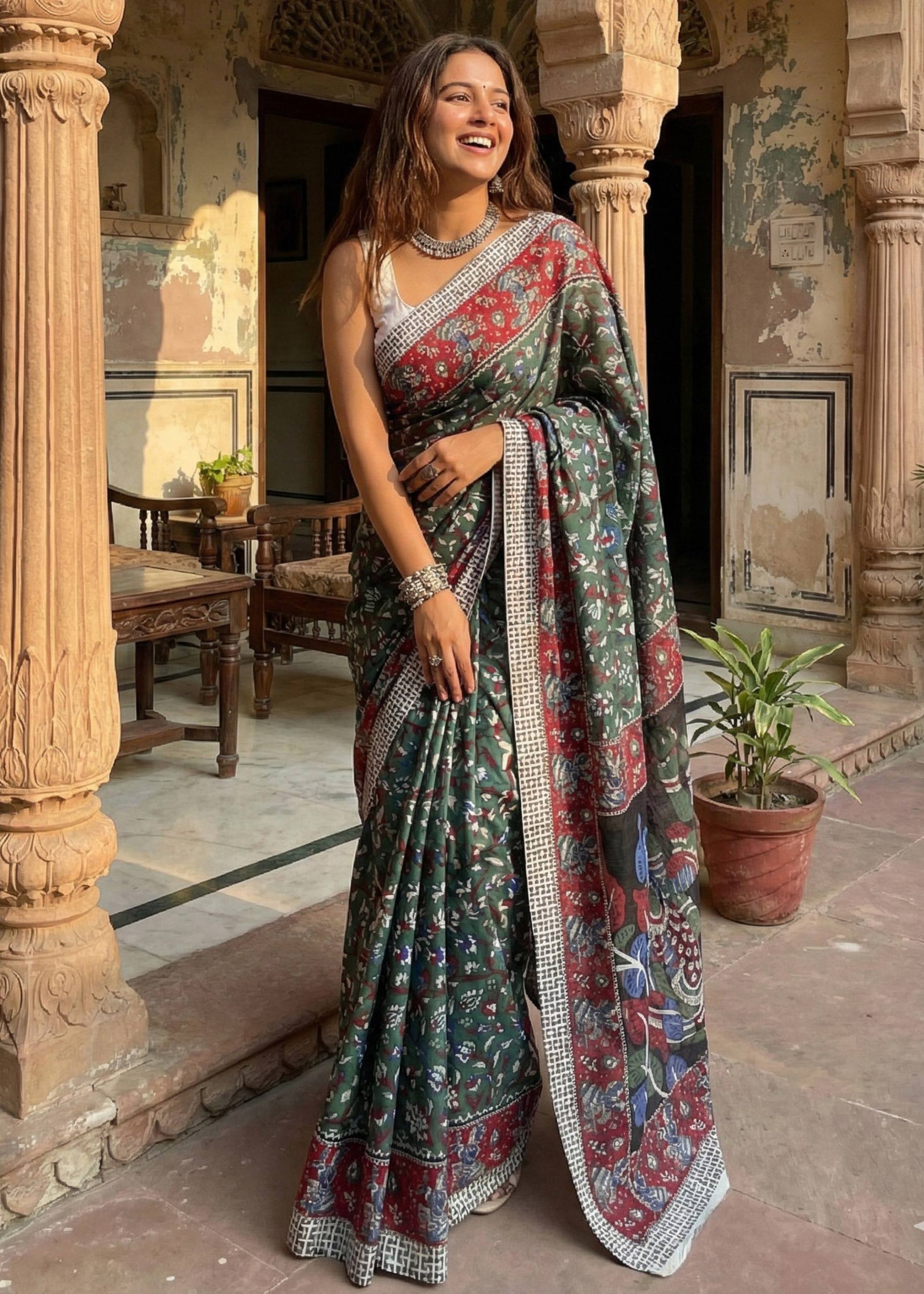 PURE MULMCOTTON KALMKARI HAND BLOCK PRINT ULTRA SOFT LIGHTWEIGHT TEAL AND BLACK SAREE WITH BLOUSE
