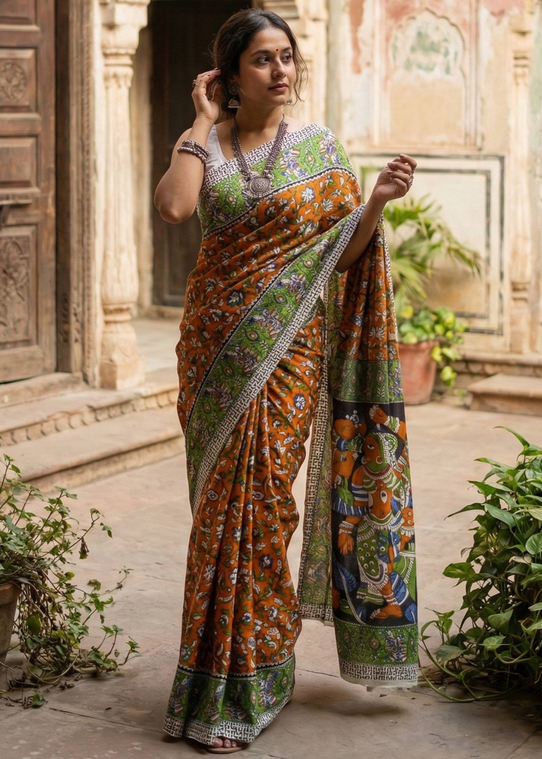 PURE MULMUL COTTON KALMKARI HAND BLOCK PRINT ULTRA SOFT LIGHTWEIGHT RUST ORANGE SAREE WITH BLOUSE