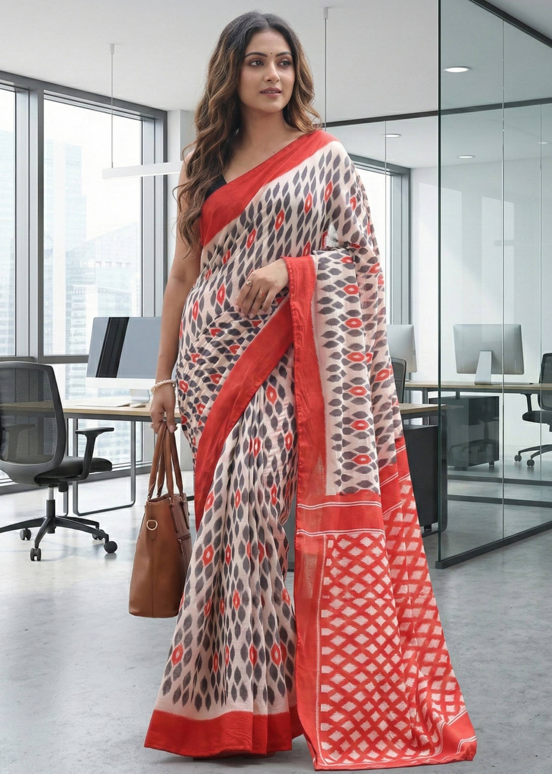 PURE SOFT COTTON HAND BLOCK BAGRU PRINT WHITE SAREE WITH BLOUSE