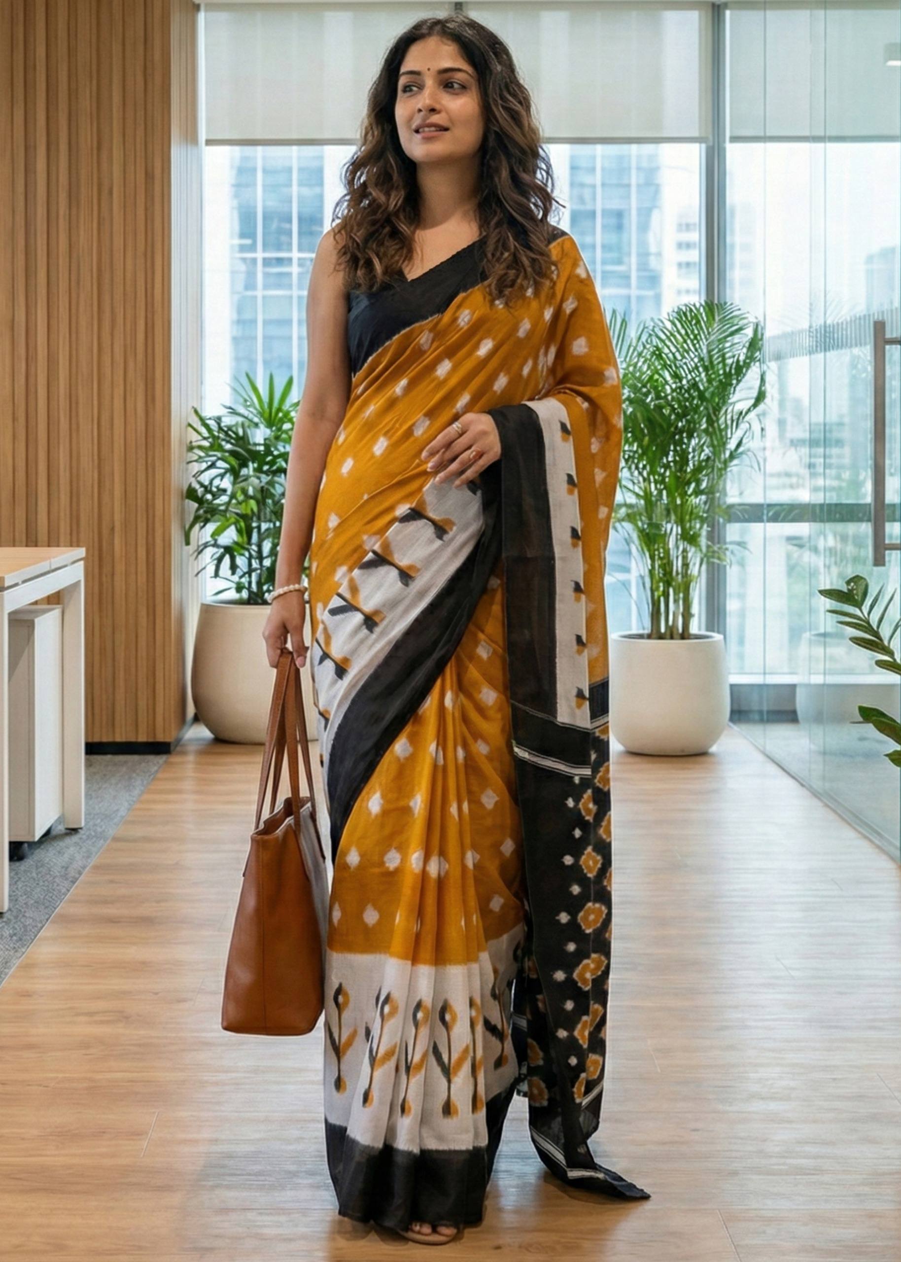 PURE SOFT COTTON HAND BLOCK BAGRU PRINT MUSTURD AND BLACK SAREE WITH BLOUSE