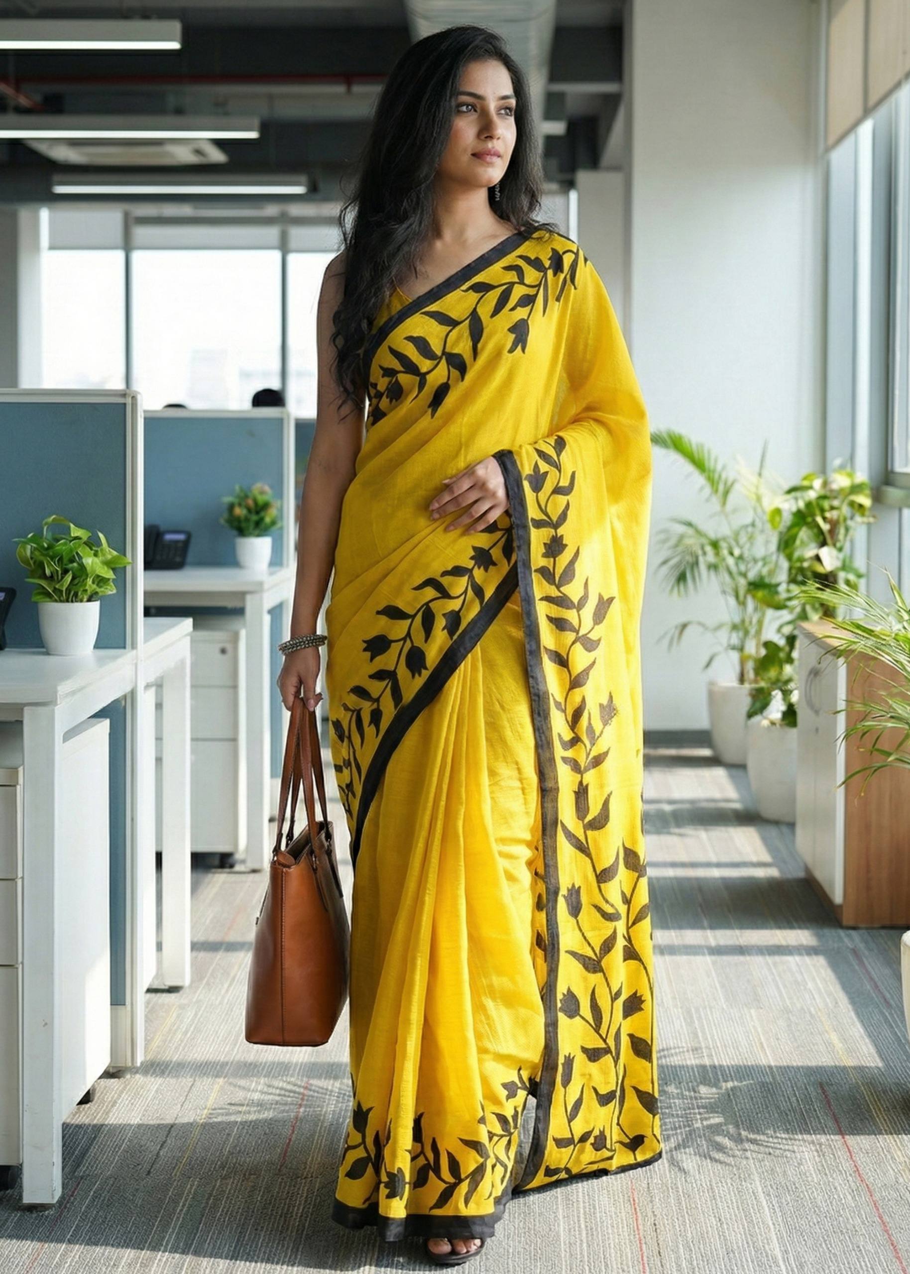 PURE SOFT COTTON HAND BLOCK BAGRU PRINT YELLOW AND BLACK SAREE WITH BLOUSE
