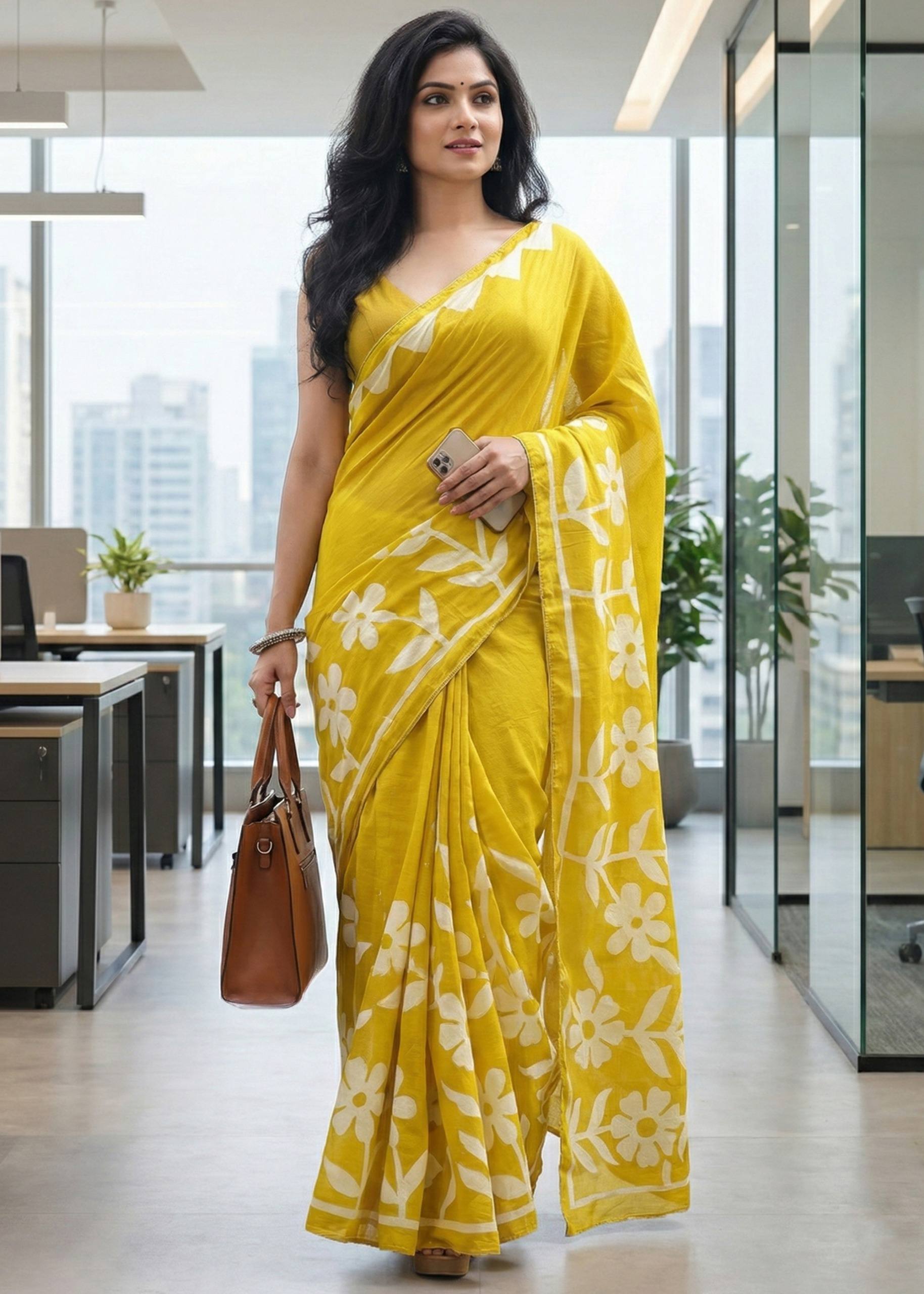 PURE SOFT COTTON HAND BLOCK BAGRU PRINT YELLOW AND WHITE SAREE WITH BLOUSE