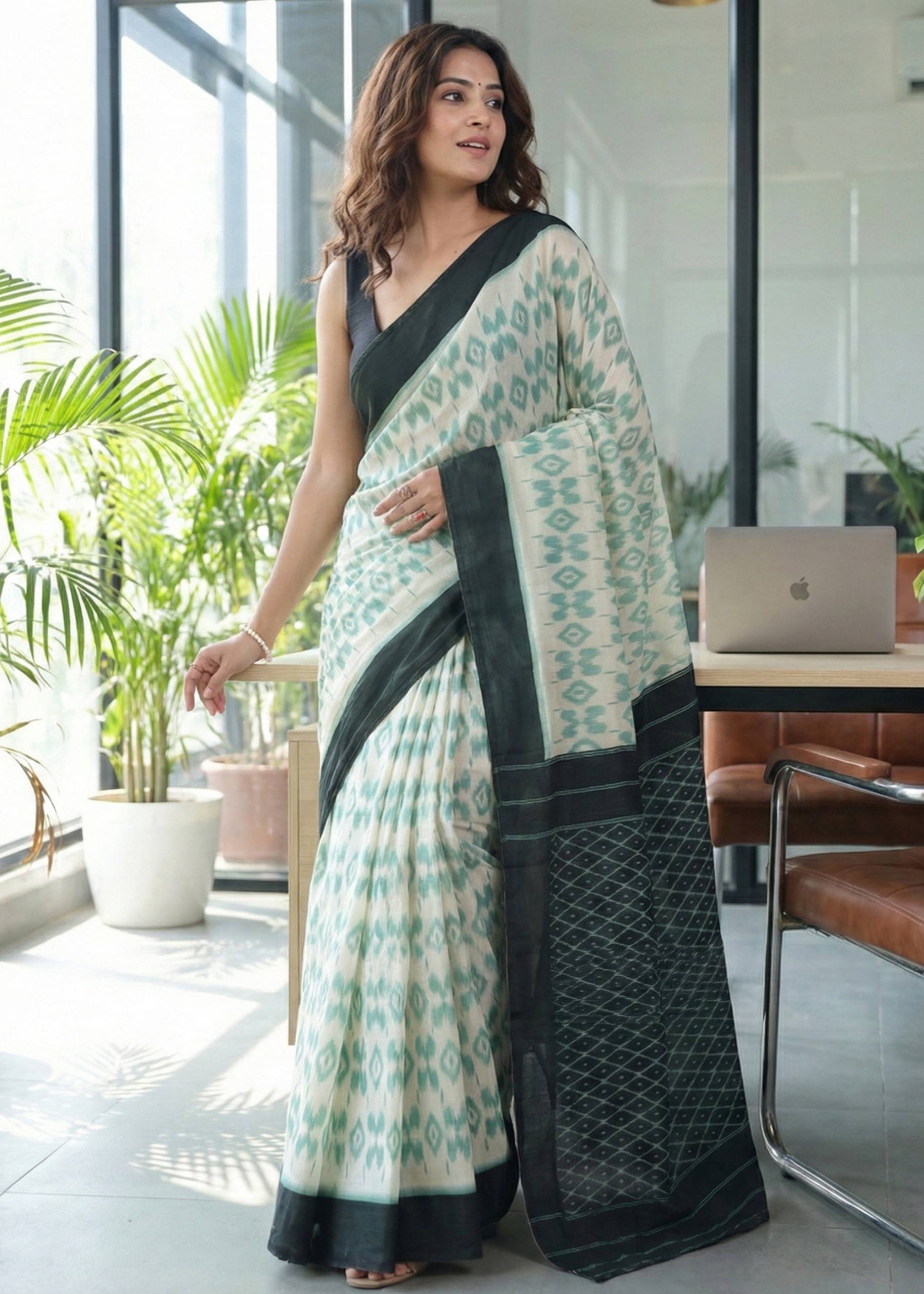 PURE SOFT COTTON HAND BLOCK BAGRU PRINT GREEN AND BLACK SAREE WITH BLOUSE