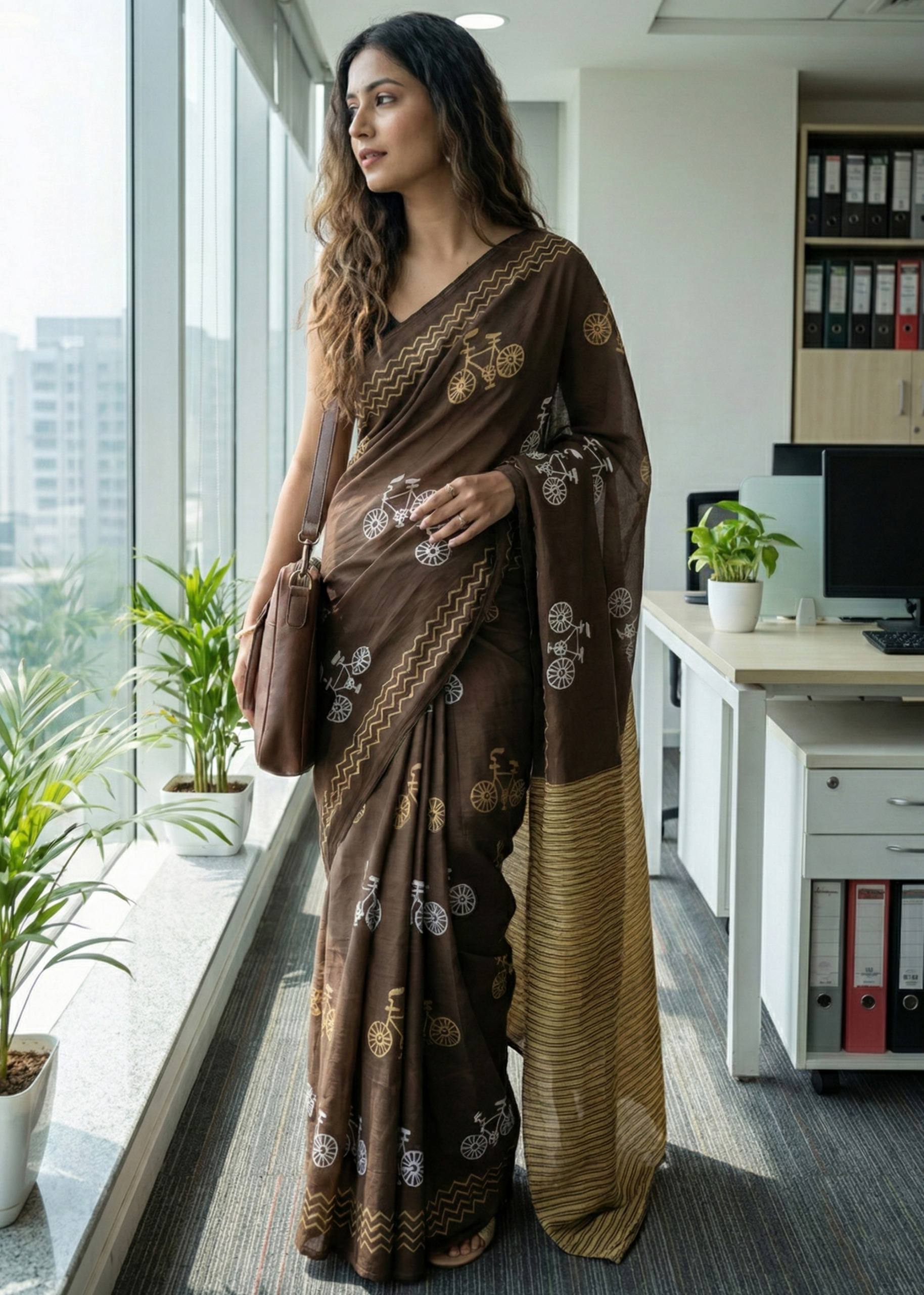 PURE SOFT COTTON HAND BLOCK BAGRU PRINT BROWN SAREE WITH BLOUSE