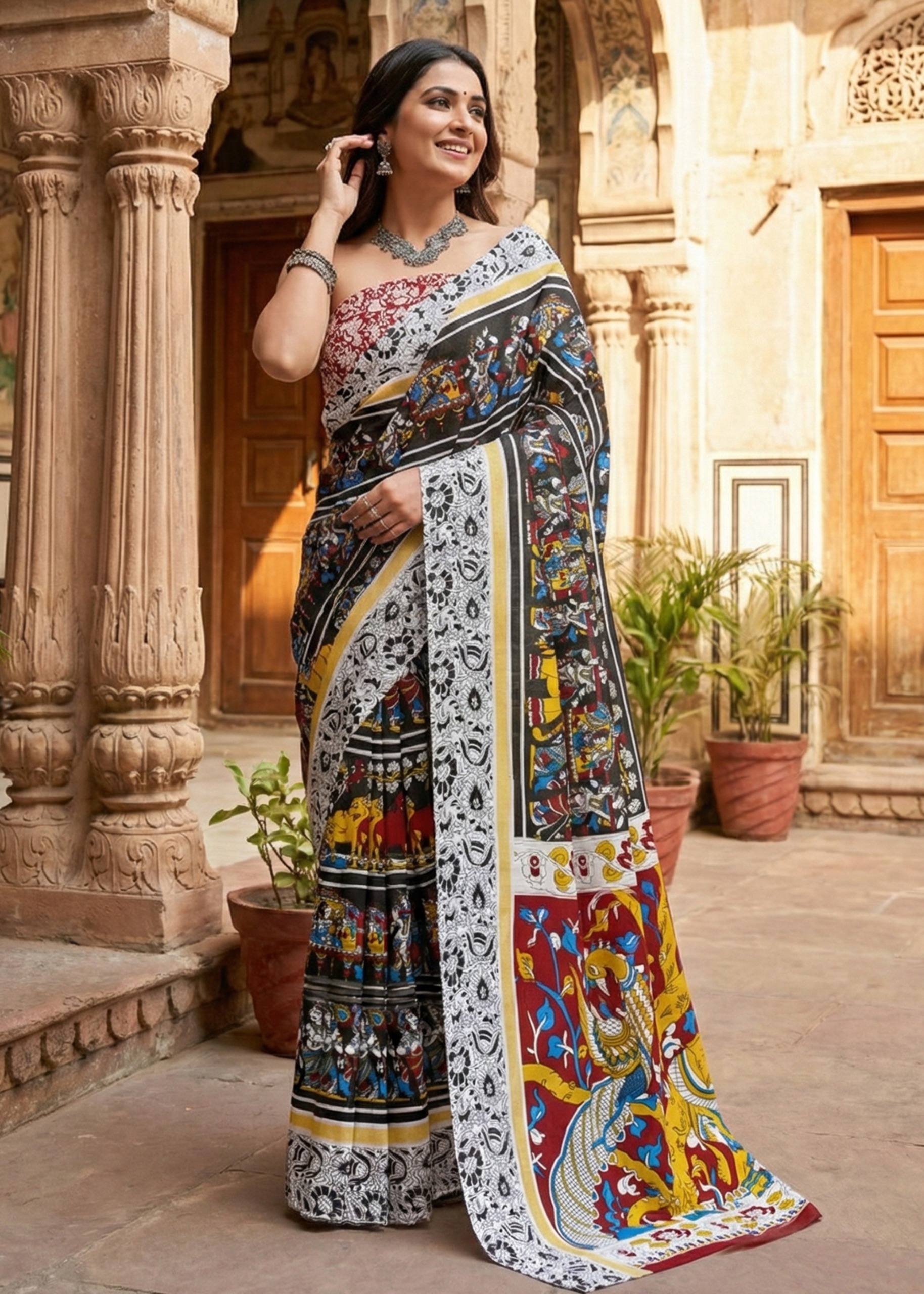 PURE MULMUL COTTON KALMKARI HAND BLOCK PRINT BLACK SAREE WITH BLOUSE