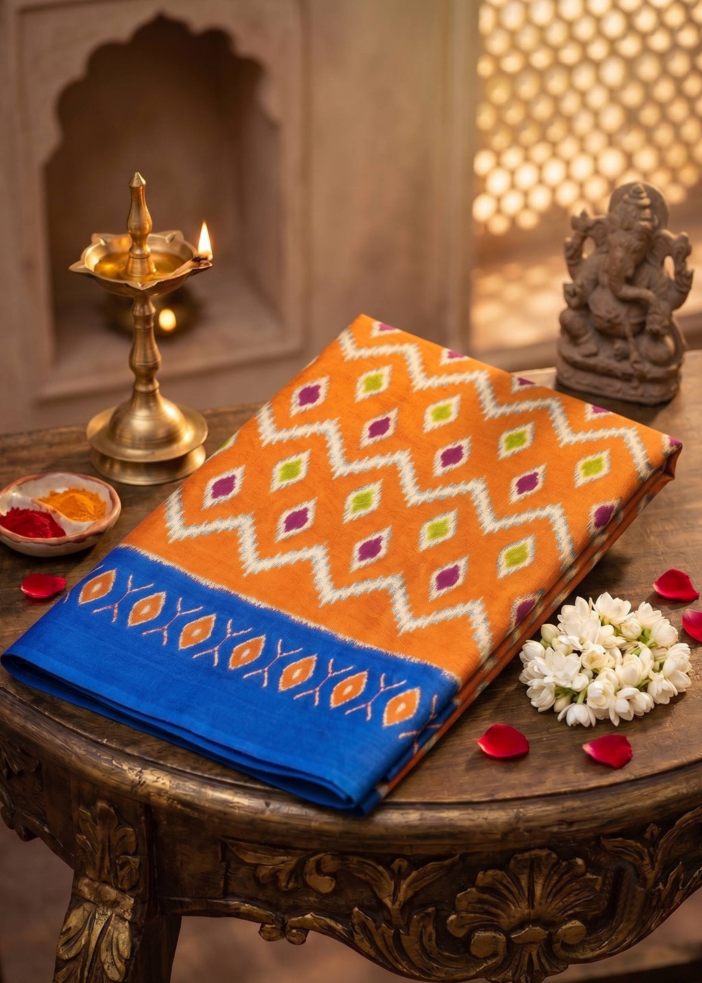 PREMIUM HANDLOOM COTTON BLEND STUNNING CONTRAST BORDER ORANGE SAREE WITH BLOUSE