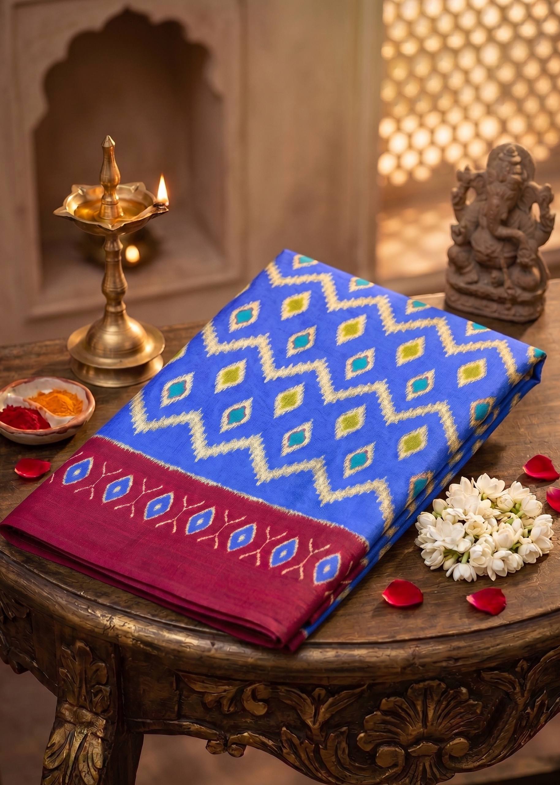 PREMIUM HANDLOOM COTTON BLEND STUNNING CONTRAST BORDER BLUE SAREE WITH BLOUSE
