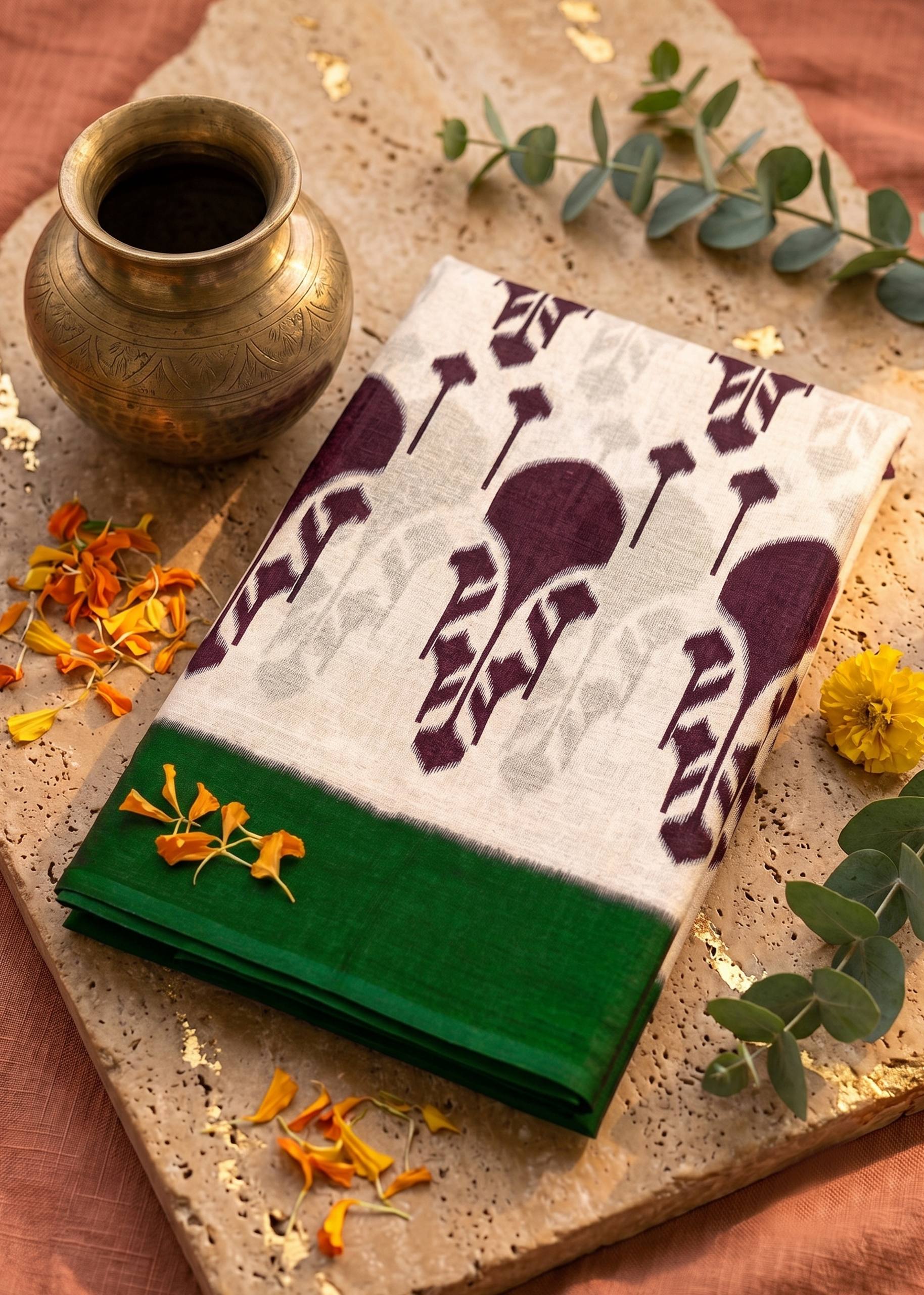 PREMIUM MULMUL COTTON BLEND MAROON AND GREEN SAREE WITH BLOUSE