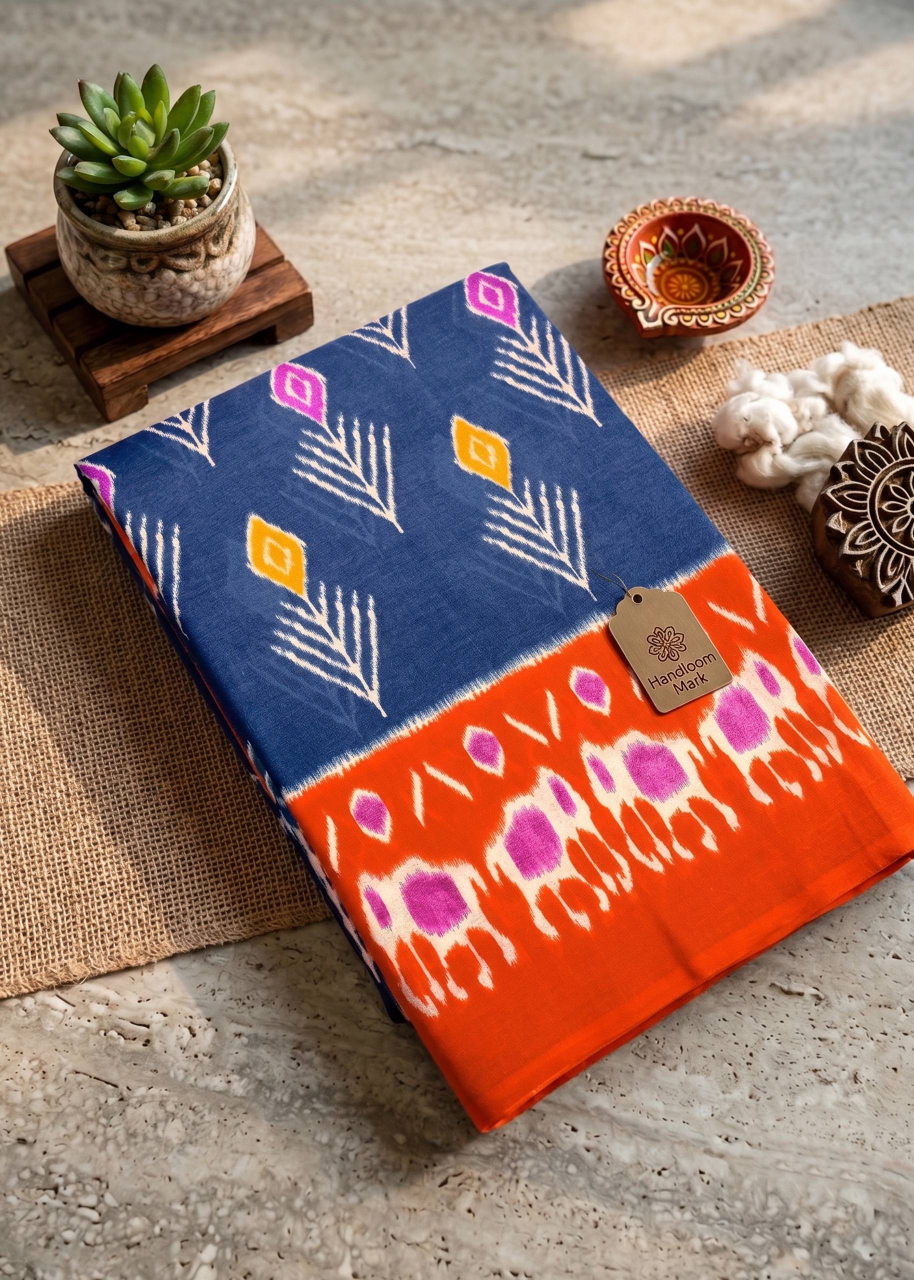 PURE HANDLOOM SOFT COTTON IKKAT BLUE SAREE WITH BLOUSE