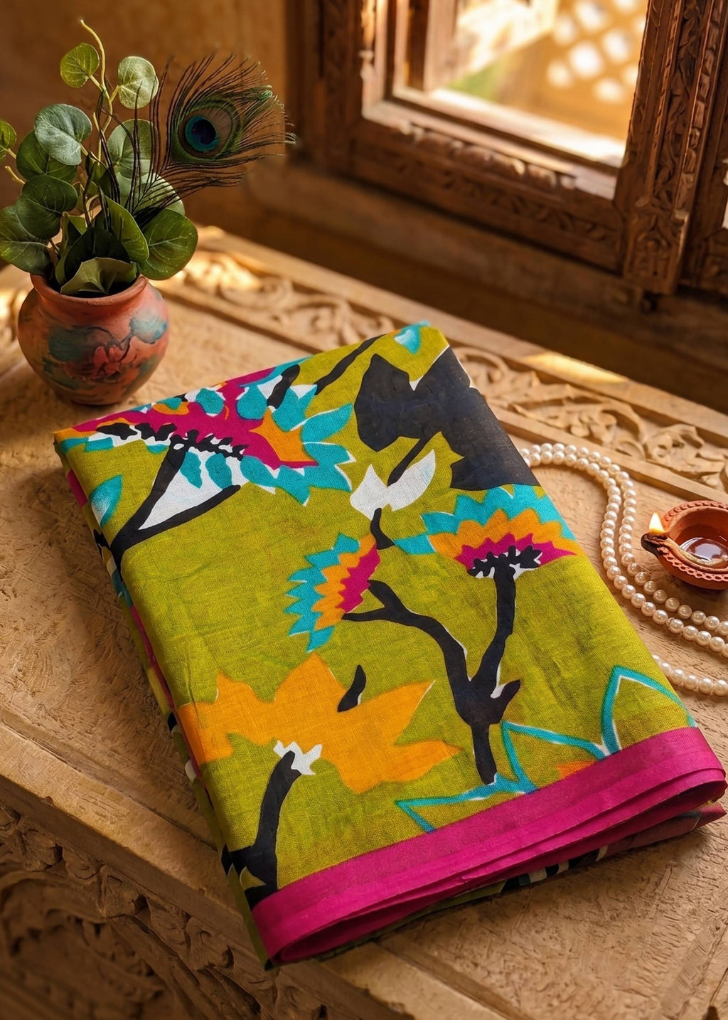 PREMIUM SOFT COTTON MULMUL BLEND KALAMKARI PRINTE GREEN SAREE WITH BLOUSE