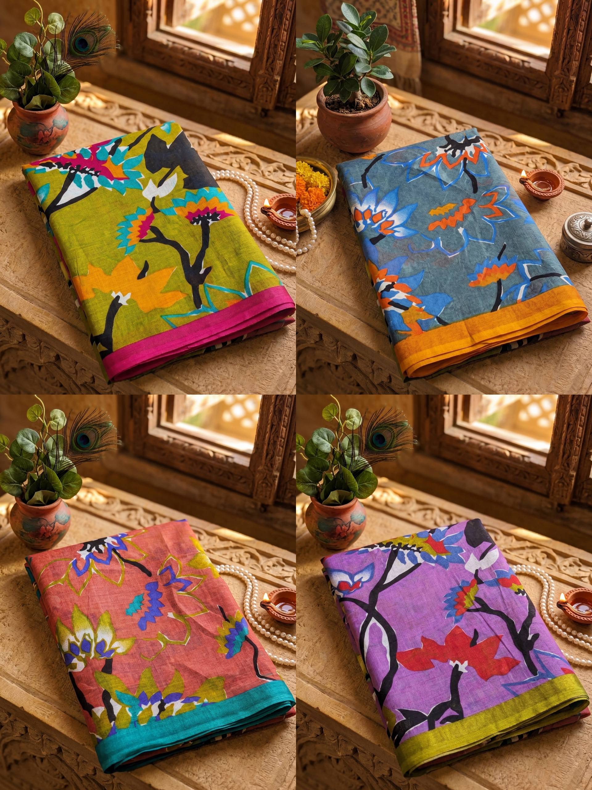 PREMIUM SOFT COTTON MULMUL BLEND KALAMKARI PRINTE PURPLE SAREE WITH BLOUSE