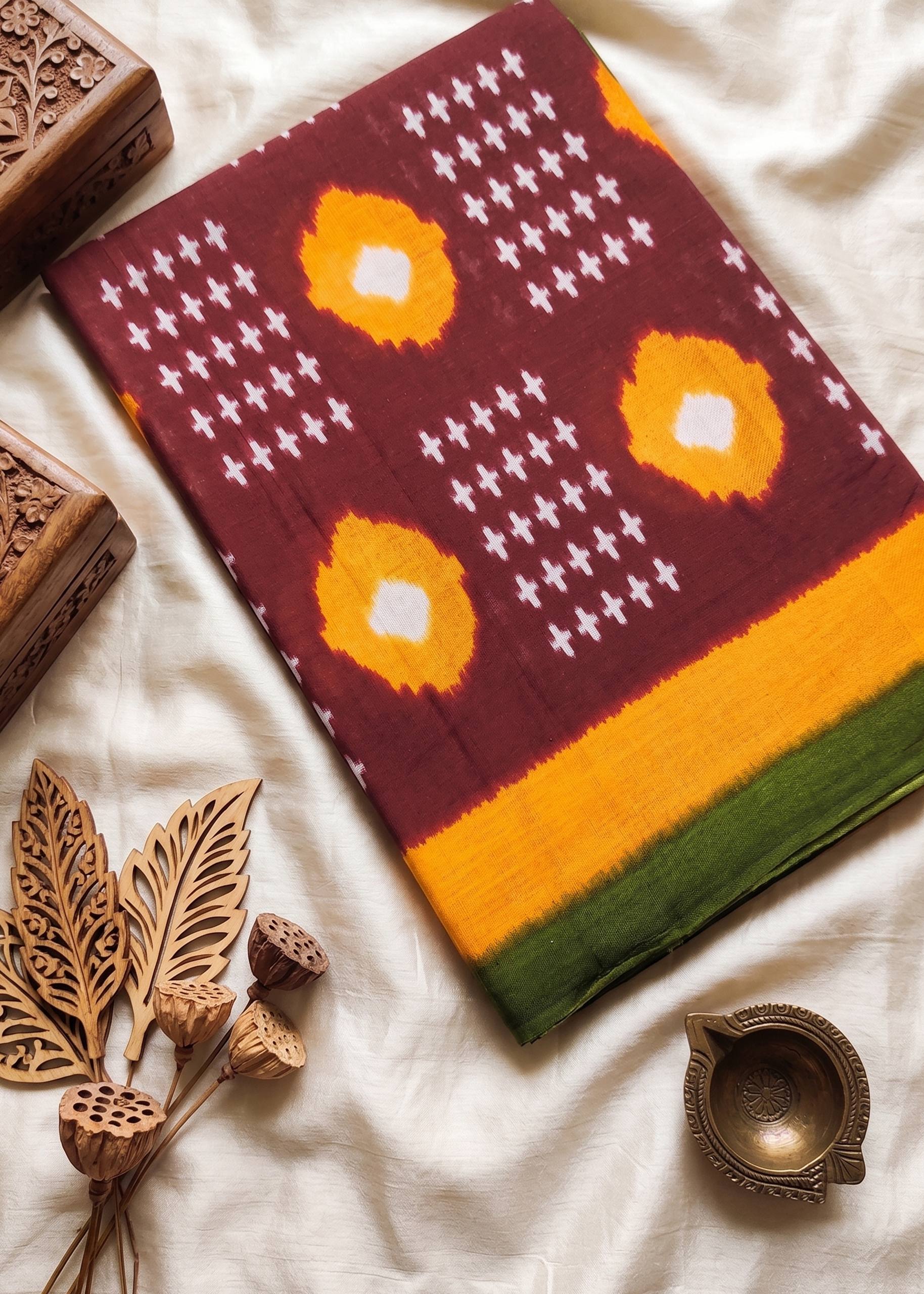 PREMIUM IKAT PRINT MULMUL SOFT COTTON BLEND MAROON SAREE WITH BLOUSE