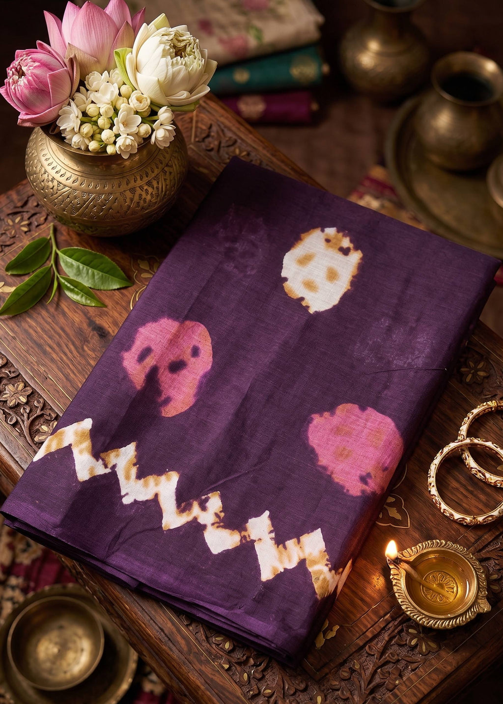 PREMIUM MULMUL COTTON BLEND SAPPHIRE WAVE SHIBORI PURPLE SAREE WITH BLOUSE