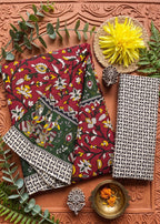 PURE MULMUL COTTON KALMKARI HAND BLOCK PRINT ULTRA SOFT & LIGHTWEIGHT RED SAREE WITH BLOUSE